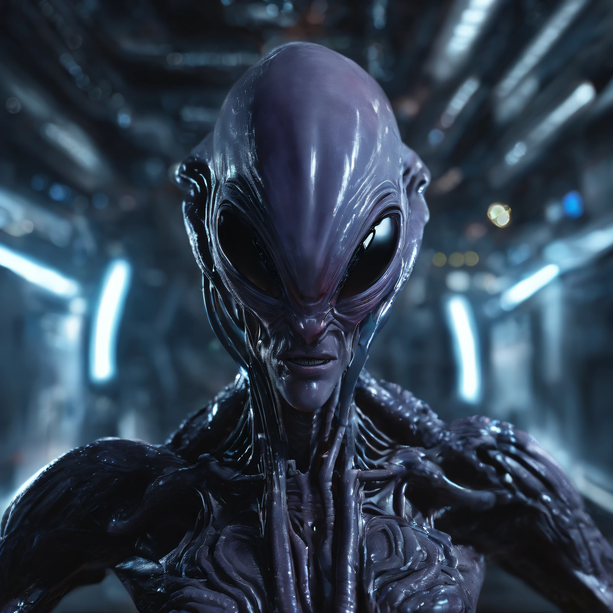An alien,Solo,full bodyesbian,Humanoid,dynamicposes,It has refined features in a sci-fi environment,with light glowing, Sparks and lights, best qualtiy,tmasterpiece,Photorealsitic, Highly detailed, iintricate,unreal 5 render,