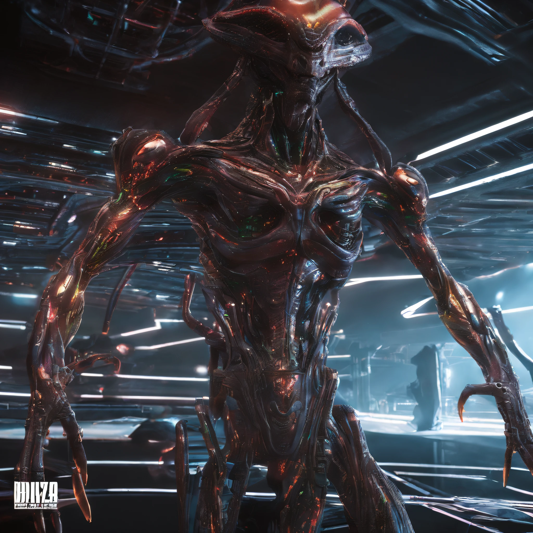 An alien,Solo,full bodyesbian,Humanoid,dynamicposes,It has refined features in a sci-fi environment,with light glowing, Sparks and lights, best qualtiy,tmasterpiece,Photorealsitic, Highly detailed, iintricate,unreal 5 render,