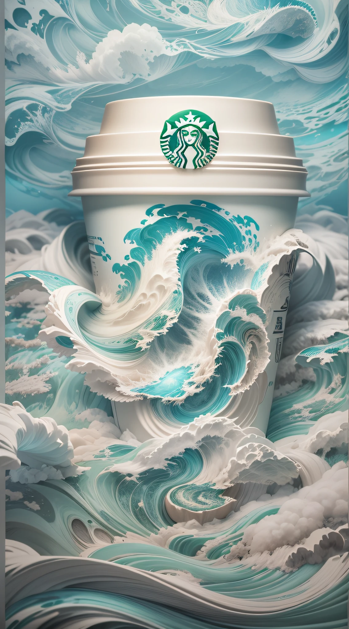 A huge Starbucks paper cup,The cup body is a 3D Chinese blue and white porcelain style wave engraving pattern,(Surrounded by a sea of clouds:1.3),Surreal 3D landscape style,Miniatures,Milky transparent water,Chinese landscape painting,Chinese landscape painting of the Song Dynasty,Light white and light blue main colors,Surrealist dream style,Cream organic fluid,Ray tracing,ambient lights,Obscured,misterious,Natural soft light,Stony gray tones,Gel resin,3Drenderingof,C4D,oc rendered
