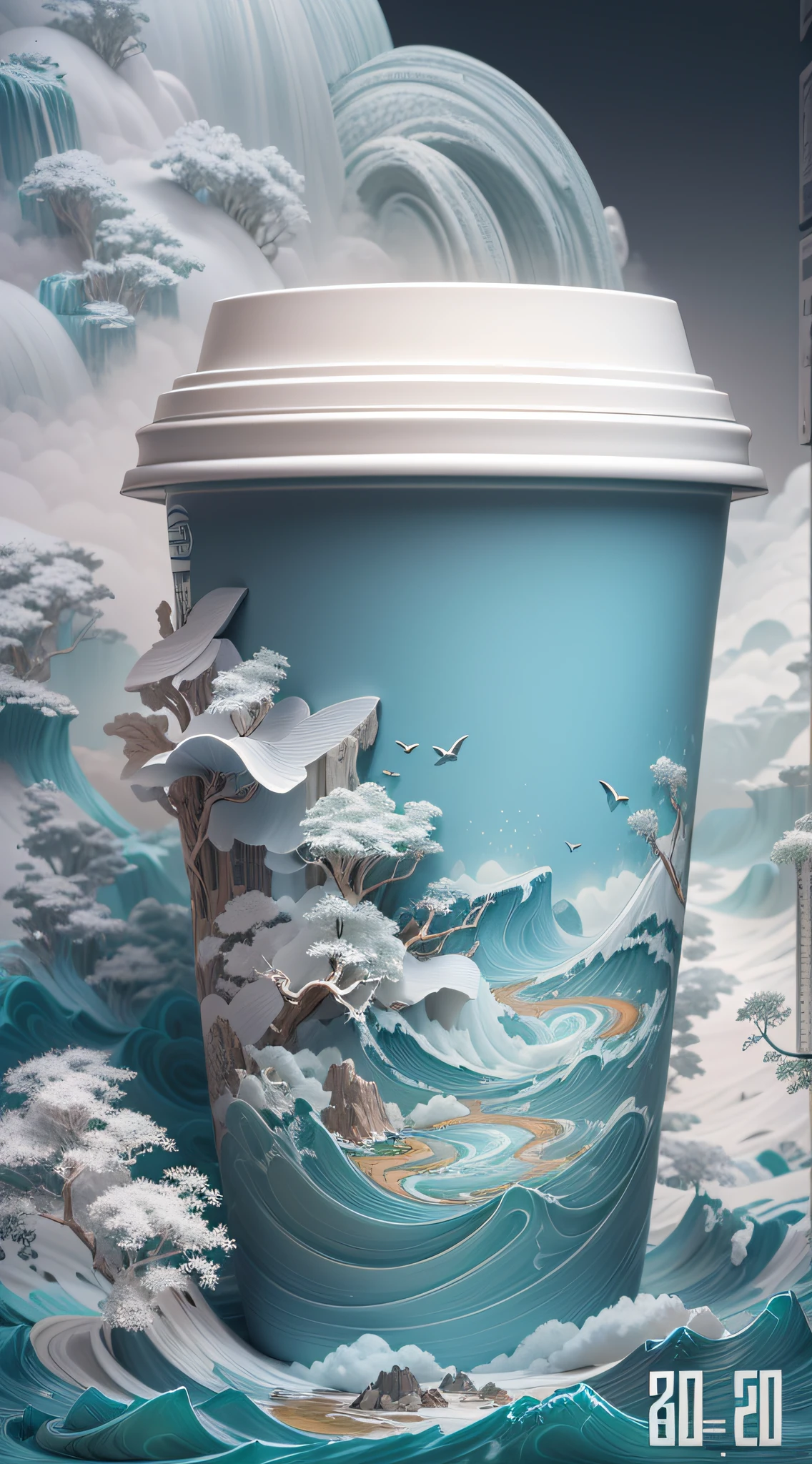A huge Starbucks paper cup,The cup body is a 3D Chinese blue and white porcelain style wave engraving pattern,(Surrounded by a sea of clouds:1.3),Surreal 3D landscape style,Miniatures,Milky transparent water,Chinese landscape painting,Chinese landscape painting of the Song Dynasty,Light white and light blue main colors,Surrealist dream style,Cream organic fluid,Ray tracing,ambient lights,Obscured,misterious,Natural soft light,Stony gray tones,Gel resin,3Drenderingof,C4D,oc rendered