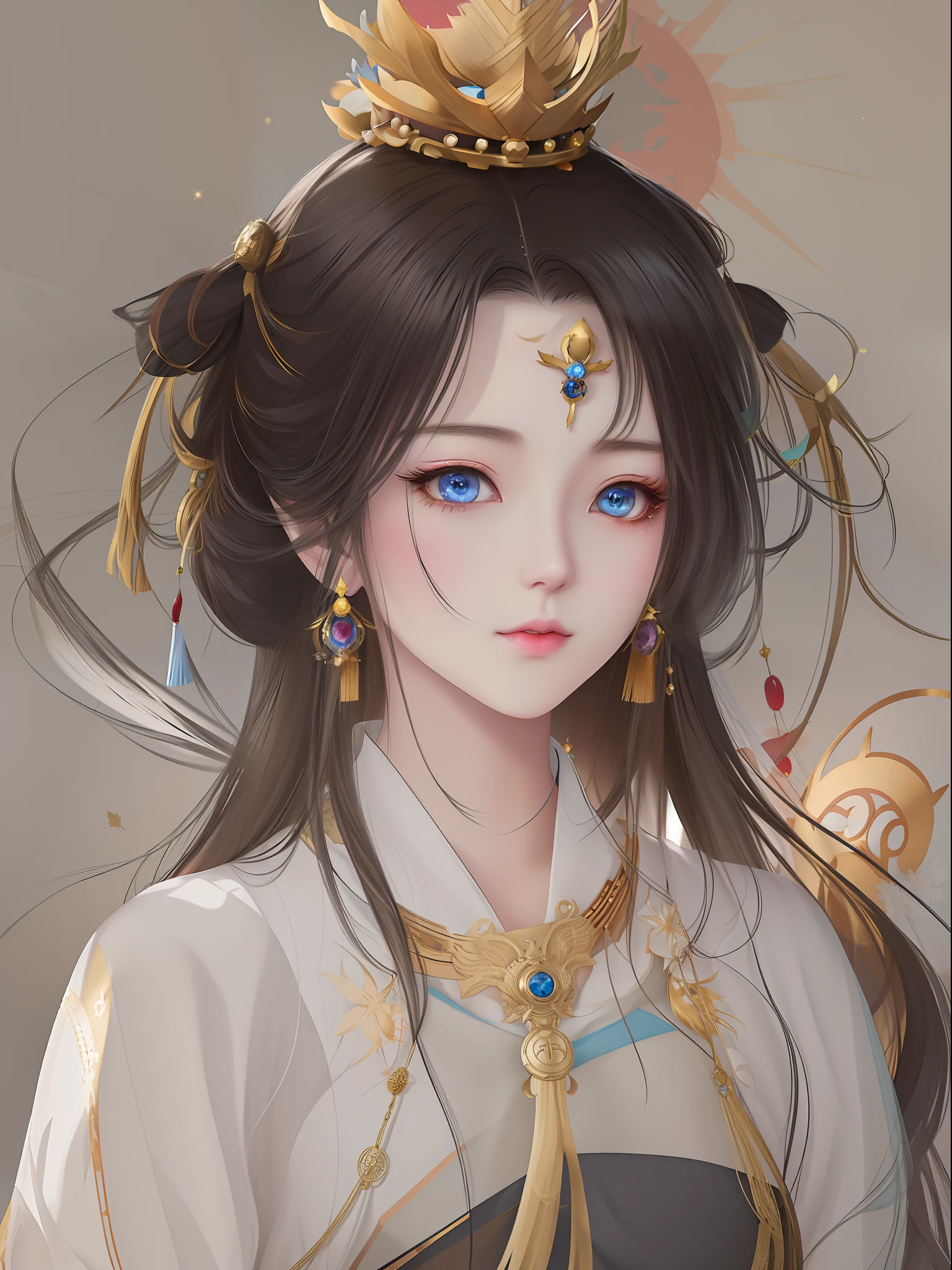 anime girl with a golden crown and blue eyes, Palace , A girl in Hanfu, Guviz, Guviz-style artwork, Guweiz in Pixiv ArtStation, by Yang J, Guweiz on ArtStation Pixiv, Beautiful character painting, a beautiful fantasy empress, guweiz masterpiece, ((a beautiful fantasy empress))