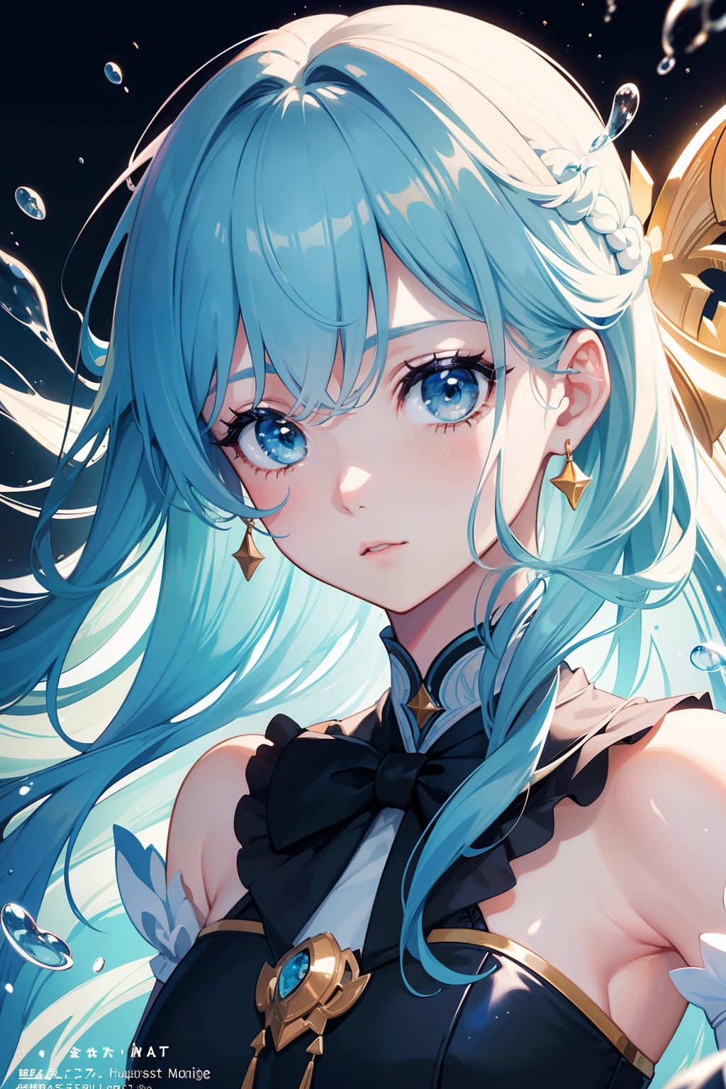 (masuter piece,Best Quality,Ultra-detailed), (A detailed face), Movie Posters, (front-facing view), hight resolution, (1 girl in), (Fashionable clothes), fashion modell, Look at viewers,a closeup, (simple background), Pale light blue hair, Two-tone hair, bangss, Gold Eye, magic school uniform,Delicate beautiful face, Planktonic, (a high chroma), (magazine:1.3), (cover-style:1.3), (colorful water splash), (Shines), The best lighting