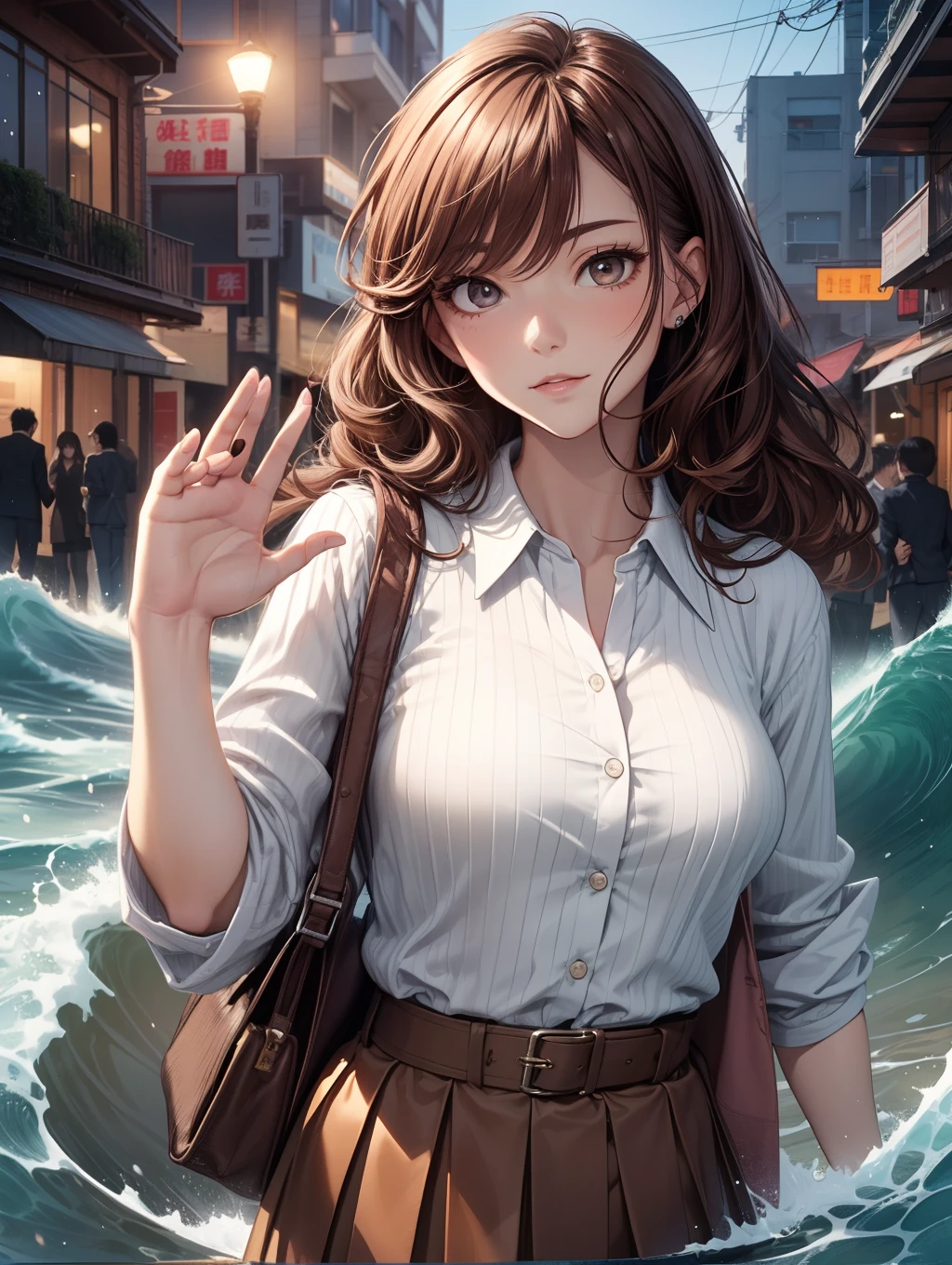 Best Quality, masutepiece, beautiful mature women、Beautiful face、Strong-minded woman、Office Suits、Brown skirt、brown haired、Brown-eyed、Longhaire、Undersized eyes、Full body like、early evening、(((wave her hand)))、outside of house、In front of the station