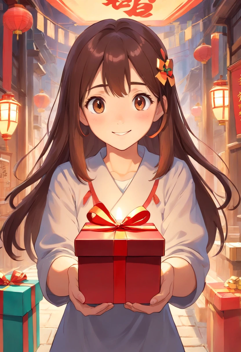 Girl holding gift box,frontage,Happy expression,Chinese illustration,Flat illustration