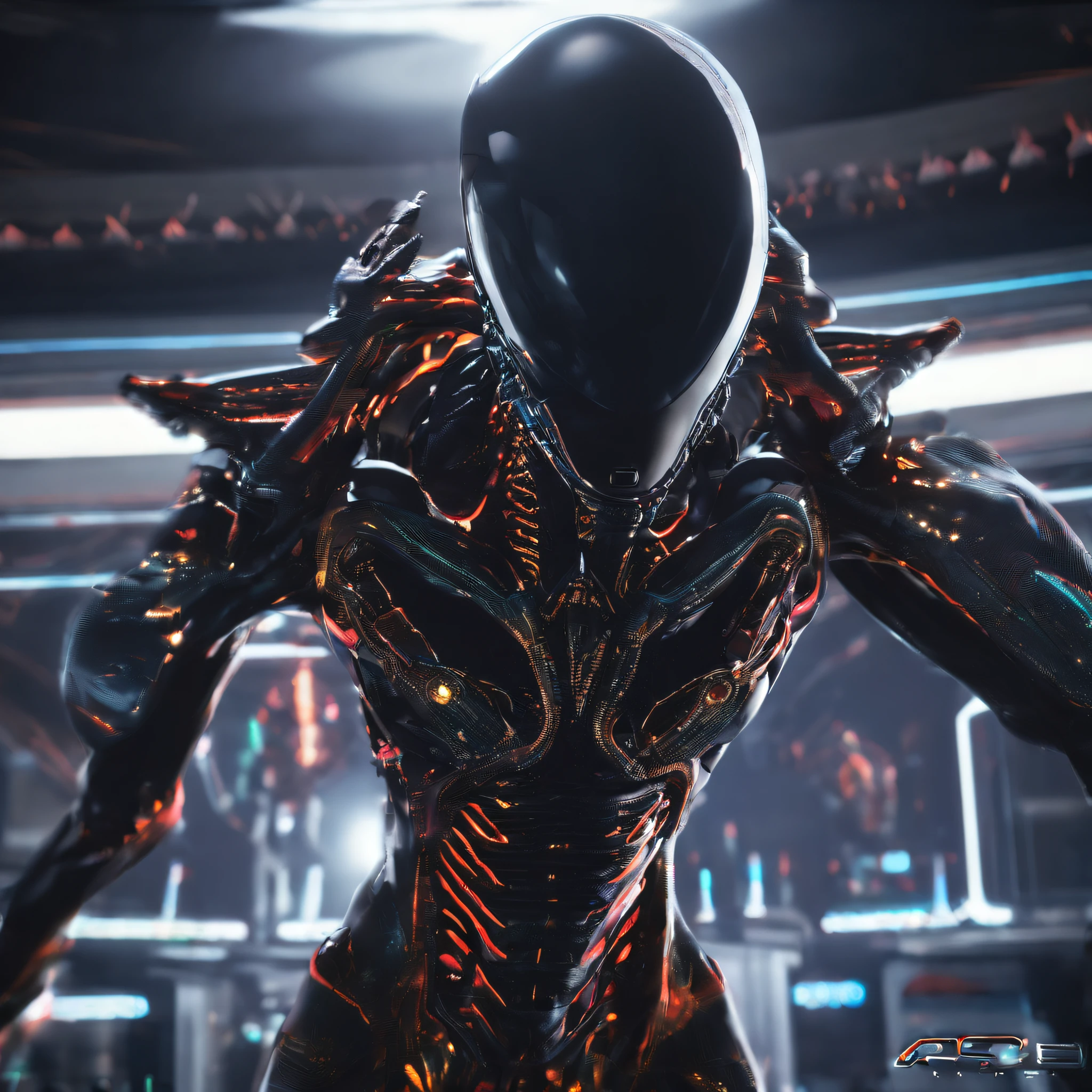 An alien,Solo,full bodyesbian,Humanoid,dynamicposes,It has refined features in a sci-fi environment,with light glowing, Sparks and lights, best qualtiy,tmasterpiece,Photorealsitic, Highly detailed, iintricate,unreal 5 render,