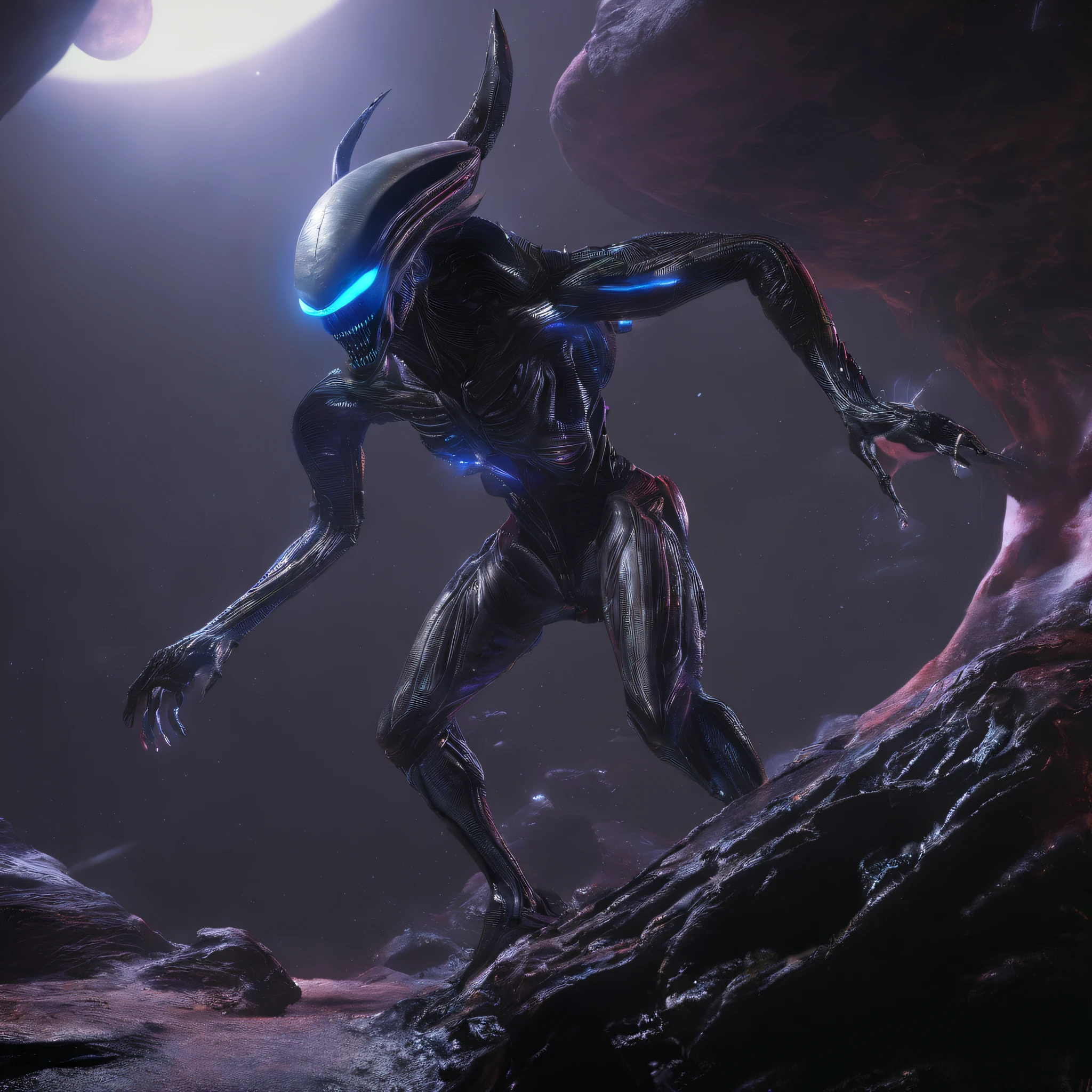 An alien,Solo,full bodyesbian,Humanoid,dynamicposes,It has refined features in a sci-fi environment,with light glowing, Sparks and lights, best qualtiy,tmasterpiece,Photorealsitic, Highly detailed, iintricate,unreal 5 render,