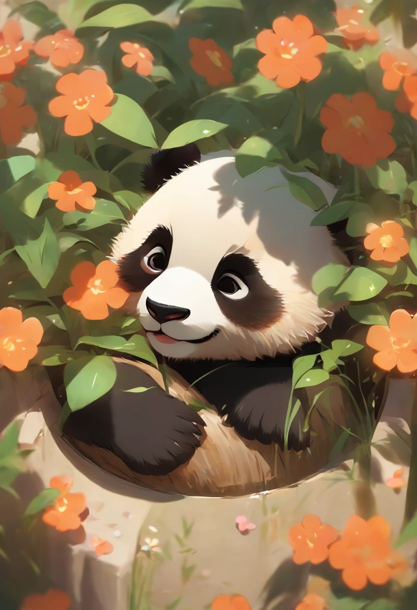 A cute panda lying on his stomach in a flower pot,has big eyes,Blushlush,Lazy,greet,high detal