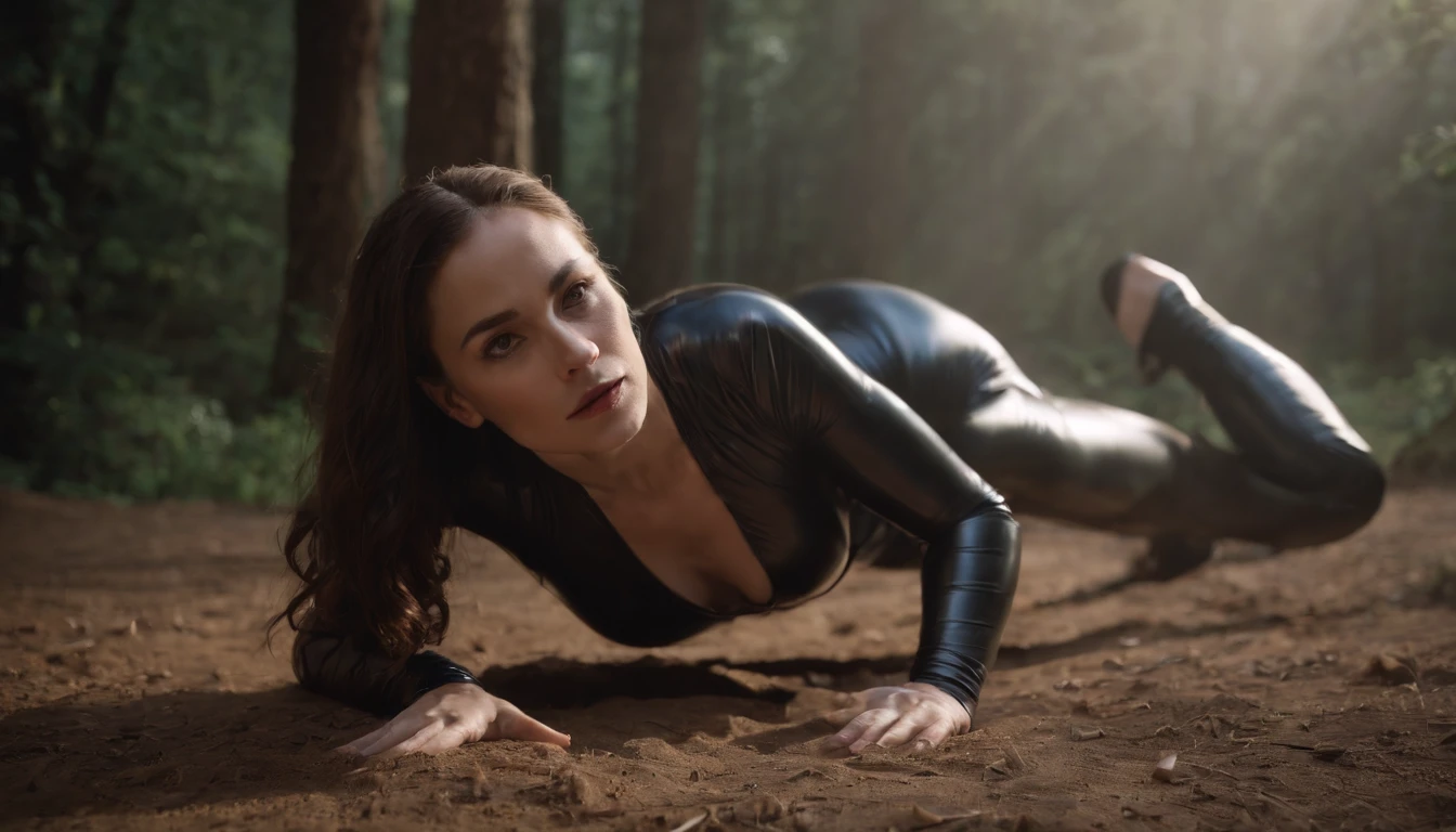 There's a woman wearing a latex leotard crawling on the ground, hyper realistic, ultra detailed, cinematic, dramatic lights, masterpiece.