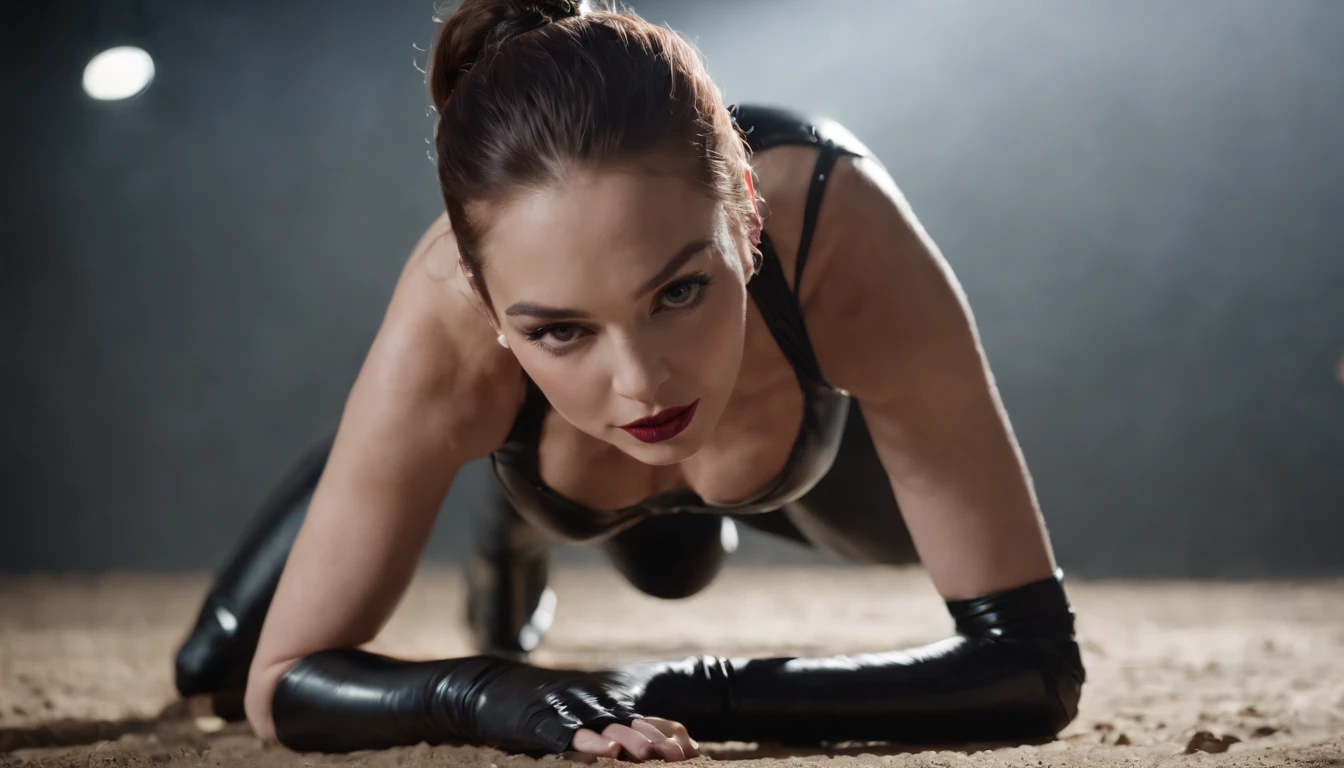 There's a woman wearing a latex leotard crawling on the ground, hyper realistic, ultra detailed, cinematic, dramatic lights, masterpiece.
