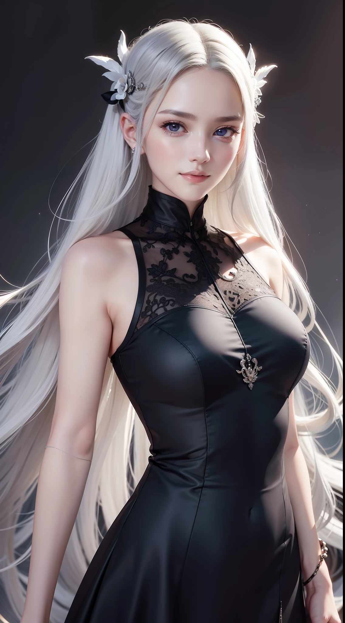 Beautiful detailed woman,very detailed eyes and faces, A detailed eye, ultra - detailed, A high resolution, The is very detailed,best qualtiy,illustratio,unified,8k 壁纸,tmasterpiece,best qualtiy,1girll，looki at viewer，face to the viewer，Flowing white hair，Long gray hair，black long dress，fond violet，abstract backgrounds：spark of light，Random dynamic pose，Enticing smile，Surreal 8000 grams，Impeccable，tmasterpiece，professionalartwork，famousartwork，电影灯光，cinematicbloom，Perfect face，beautifulface，fanciful，dream magical，Not real，intricately details，delicate patterns