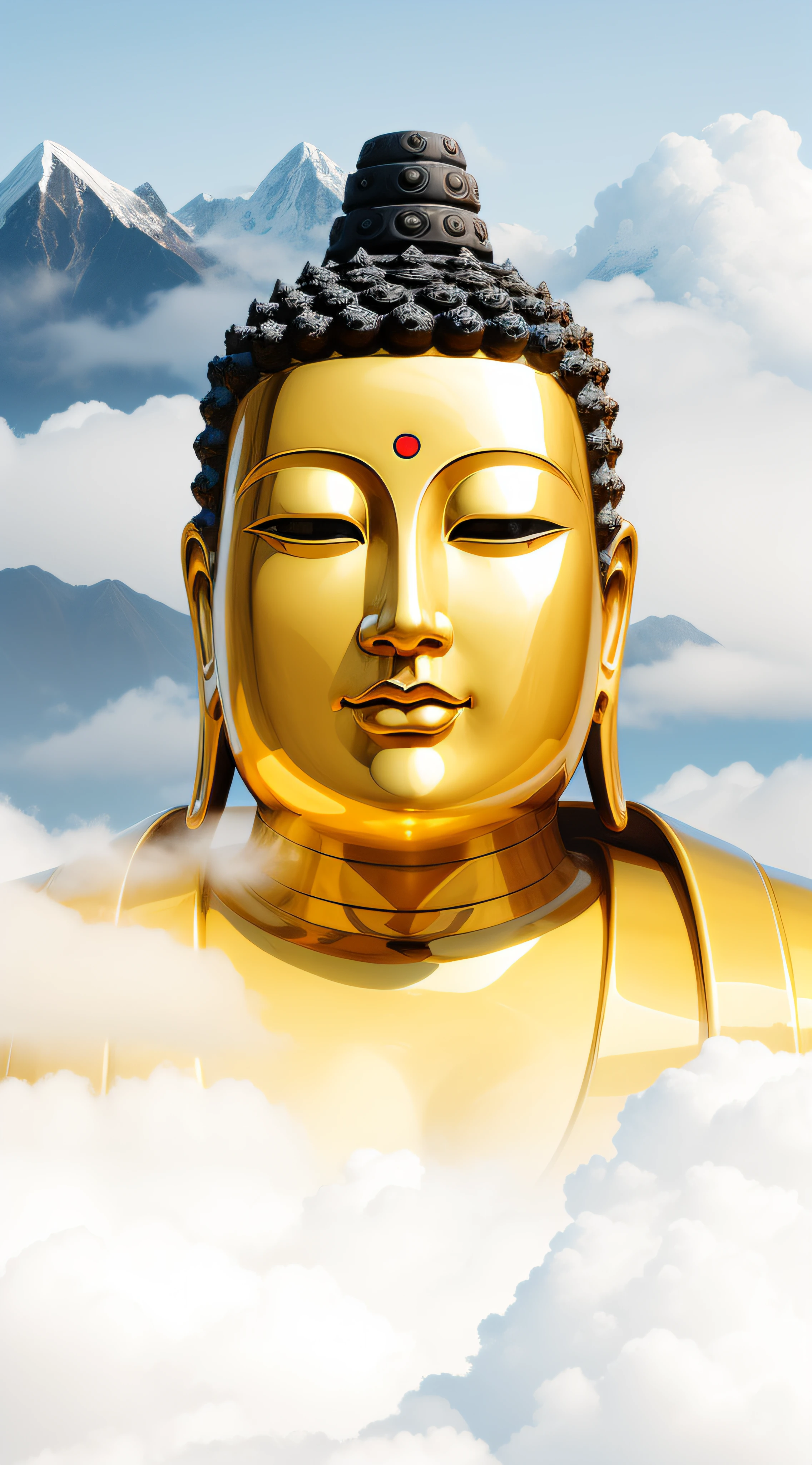 with blue sky and white clouds,There is brilliant sunshine, Behind is the big mountain,a Buddhist Buddha, Buddhist, Buddha, beautiful gold saint, A male god ,Mighty male god,Golden face,Golden skin,Buddhism, background-image, enlightening, Cloud, Enlightened, Beautiful image, samsara, Spiritual enlightenment, Asian, leaked image, portrait of a heavenly god, Mist, Temple background, 4096,author:David Burton-Richardson, attractive male deity, On the road to enlightenment,inspired by Chen Jiru, inspired by Tawaraya Sōtatsu, inspired by Ma Quan, inspired by Kaigetsudō Anchi, God Lisa Hannigan, Inspired by Yang Buzhi, Jaya Sulberg, inspired by Kaigetsudō Ando,8K quality,Master handwriting,hyper HD