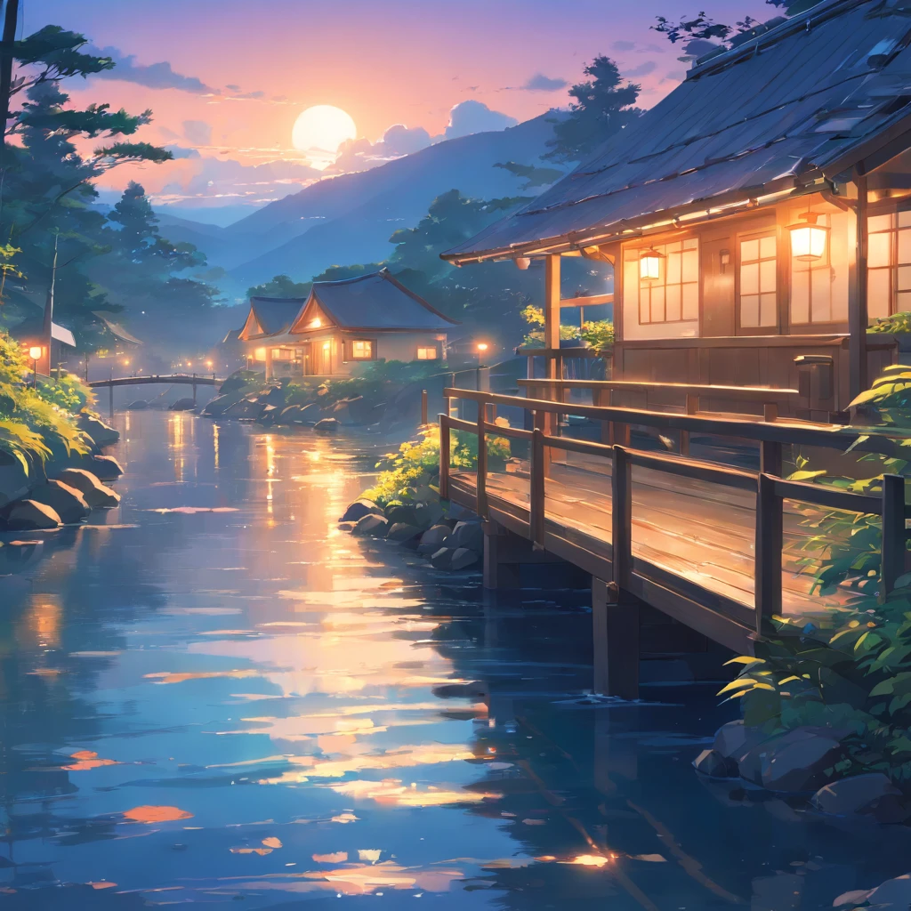 the night,Close-up of the cottage,small bridges, ross tran. scenery background, ryan dyar, environment painting, Beautiful oil matte painting, photorealistic landscapes, 4k hd matte digital painting, 8 k resolution digital painting, 8k resolution digital painting, hyperrealistic landscape, inspired by Raphael Lacoste, Illustration matte painting, beautiful digital painting