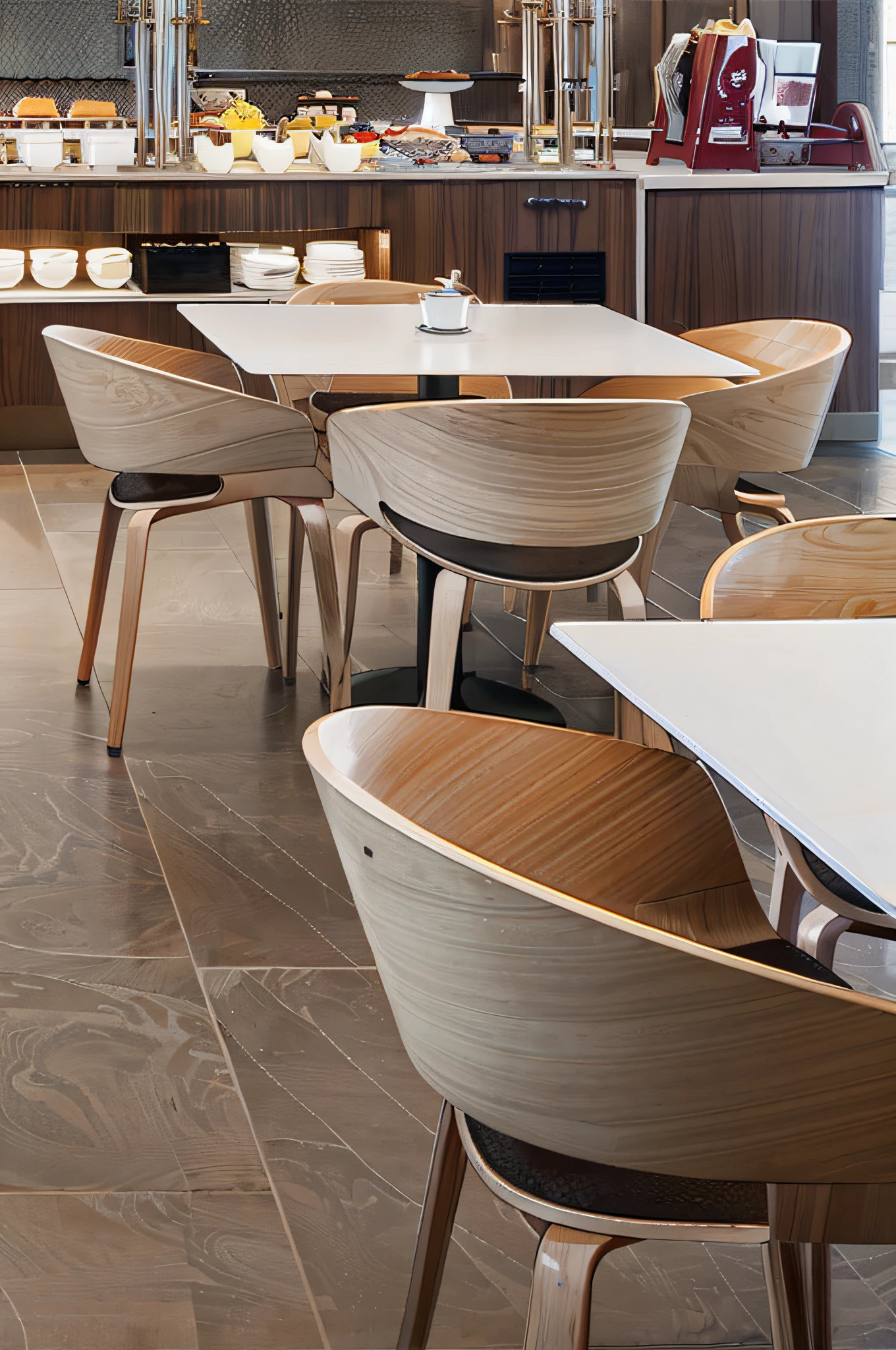 tables and chairs in a restaurant with a buffet in the background, furniture design, cafe tables, curved furniture, wood furnishings, chairs and tables, smooth curvature design, exceptional, designer furniture, smooth curvilinear design, crisp smooth clean lines, wooden tables, chairs, wooden table, tables and chairs, perfect detail, magnificent design, wooden furniture