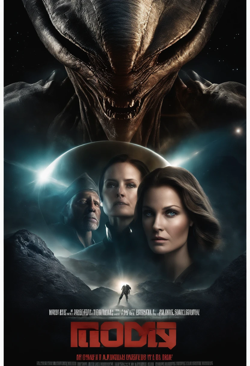 Craft a captivating movie poster that depicts the epic clash between humanity and an advanced alien race. Showcase the looming threat of the alien invaders, the resilience of human defenders, and the otherworldly technology and landscapes, capturing the essence of an intergalactic war for survival