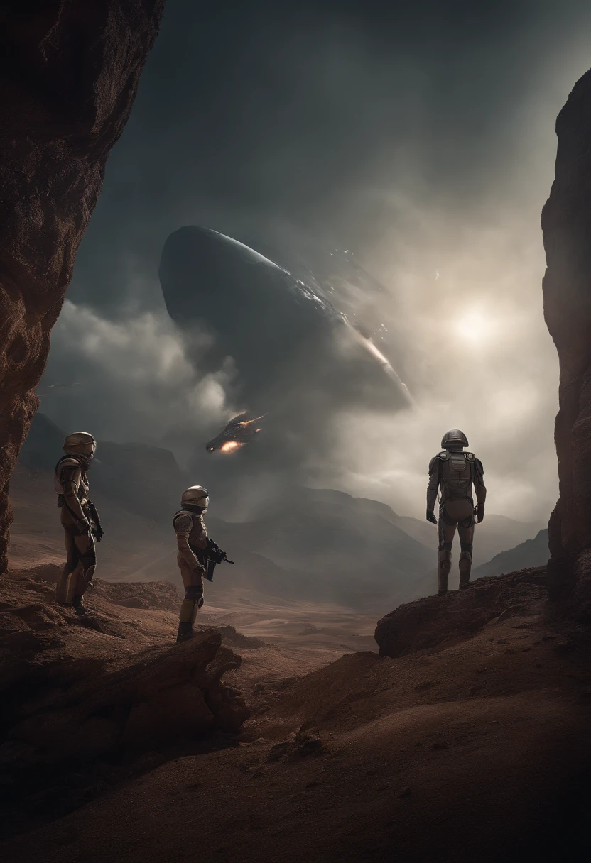 Craft a captivating movie poster that depicts the epic clash between humanity and an advanced alien race. Showcase the looming threat of the alien invaders, the resilience of human defenders, and the otherworldly technology and landscapes, capturing the essence of an intergalactic war for survival
