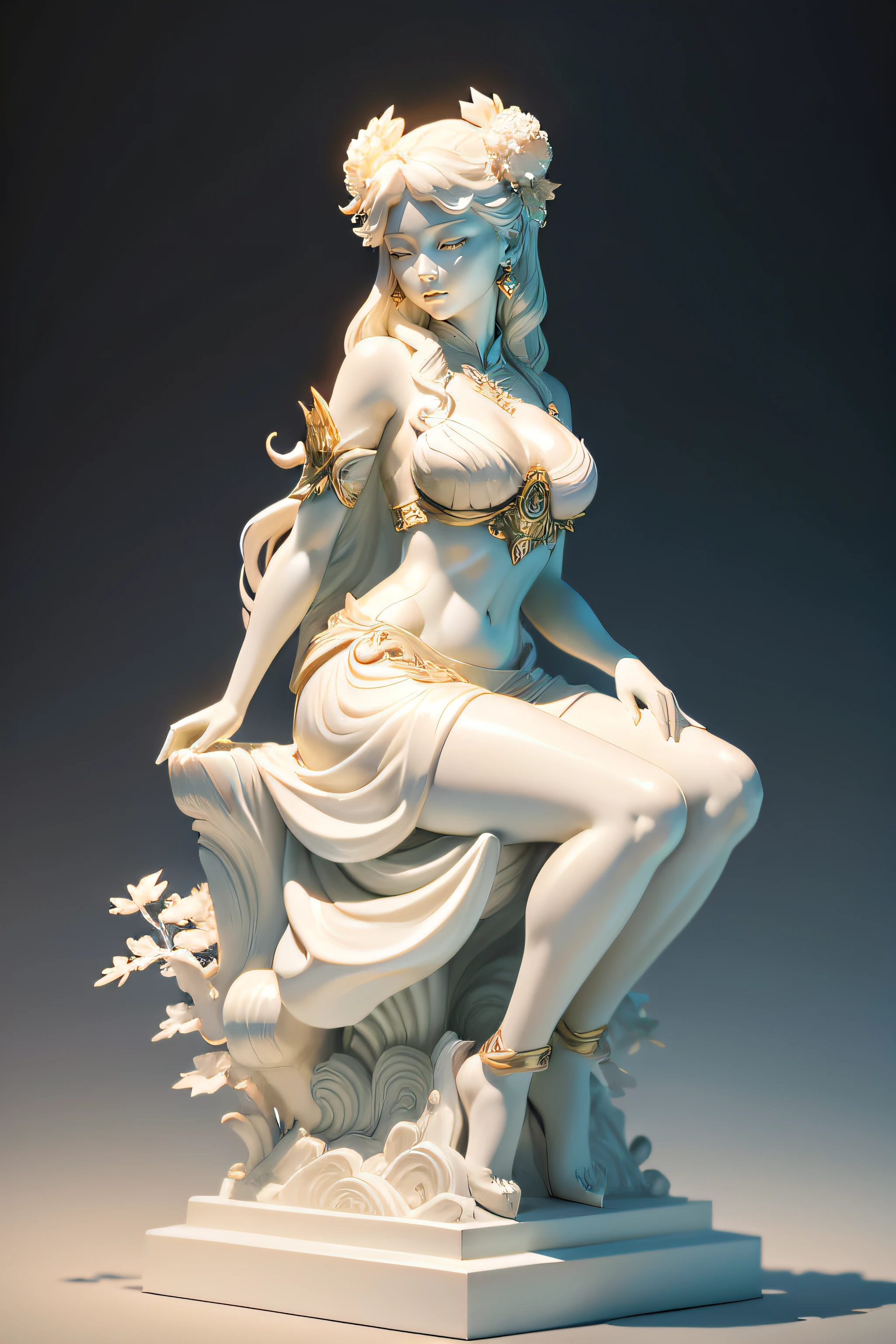 Sit on the meniscus、A woman in Hanfu,Super strong wind blows up the hair,The skirt horns fly,Holding a lute statue, Inspired by Chen Rong's marble sculptures, featured on zbrush central, Art Nouveau, ivory carving, carved ivory, Goddess. Extremely high detail, extremely detailed goddess shot, Ornamental bone carvings, Persephone sculpture, resin statue, highly detailed sculpture, guanyin of the southern seas