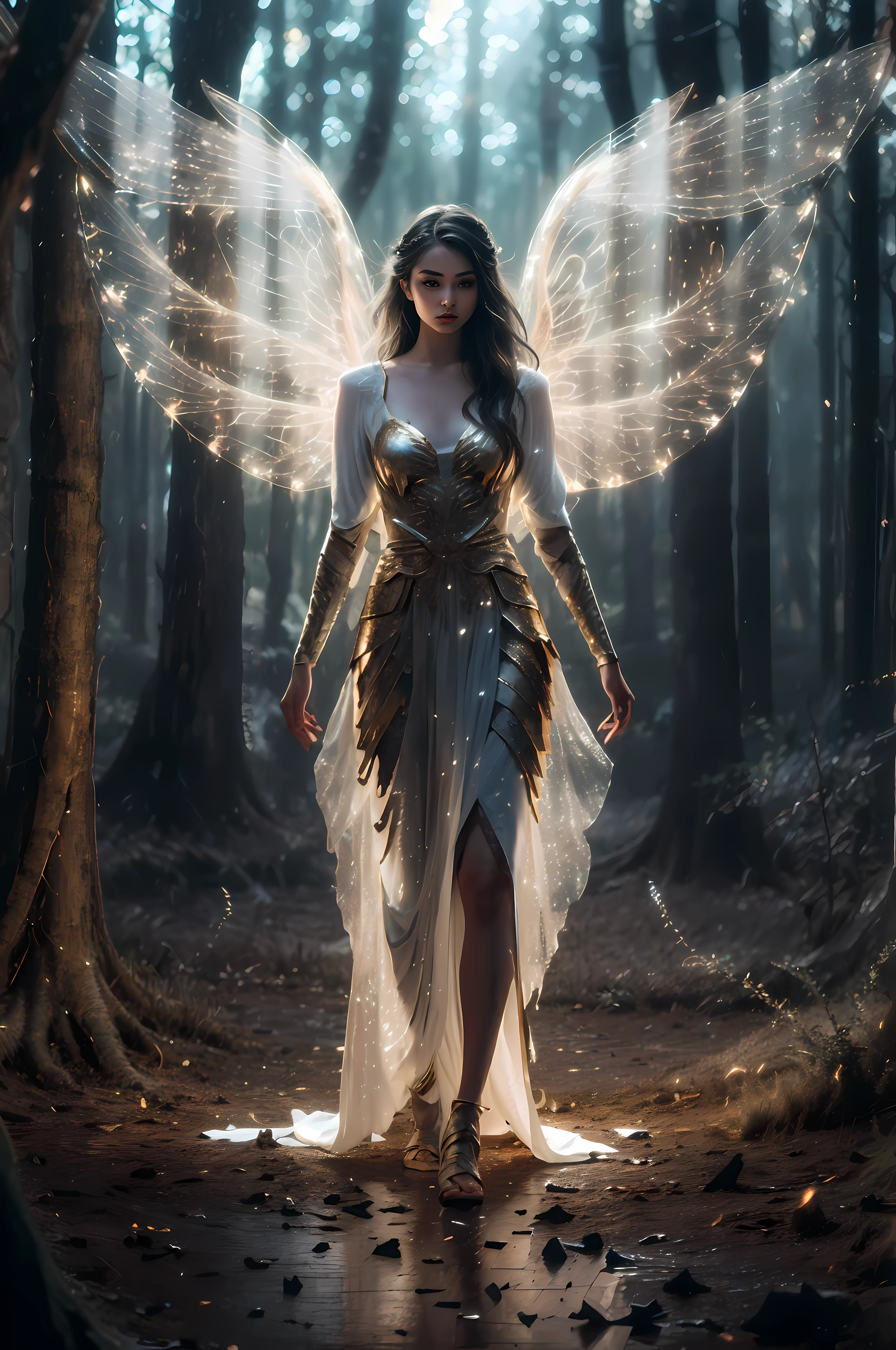 a woman in a fairy costume standing in a forest with fairy lights, ethereal wings, wings made of light, fantasy gorgeous lighting, glowing angelic being, ethereal angelic being of light, full - body majestic angel, a stunning young ethereal figure, epic angel wings, beautiful female angel, as a mystical valkyrie, beautiful angel, ethereal beauty, dramatic lighting fantasy, ethereal fantasy