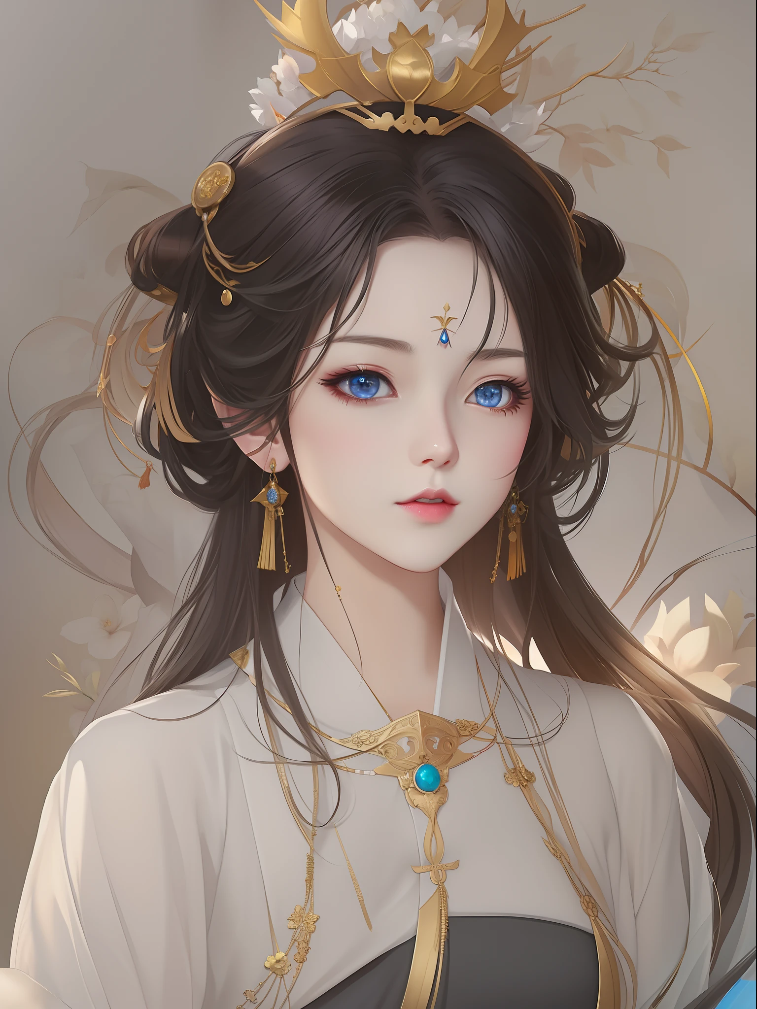 anime girl with a golden crown and blue eyes, Palace ， A girl in Hanfu, Guviz, Guviz-style artwork, Guweiz in Pixiv ArtStation, by Yang J, Guweiz on ArtStation Pixiv, Beautiful character painting, a beautiful fantasy empress, guweiz masterpiece, ((a beautiful fantasy empress))