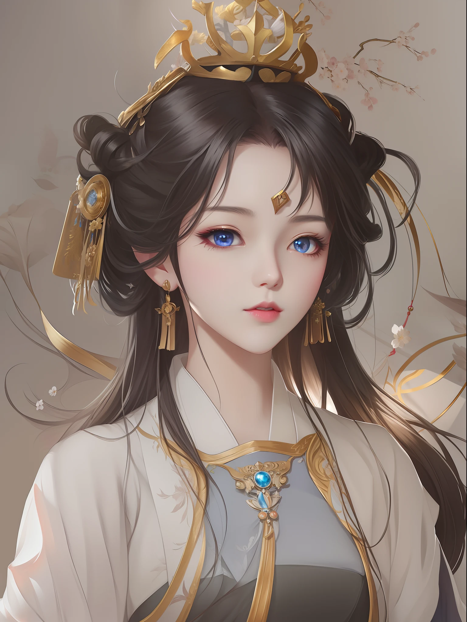 anime girl with a golden crown and blue eyes, Palace , A girl in Hanfu, Guviz, Guviz-style artwork, Guweiz in Pixiv ArtStation, by Yang J, Guweiz on ArtStation Pixiv, Beautiful character painting, a beautiful fantasy empress, guweiz masterpiece, ((a beautiful fantasy empress))