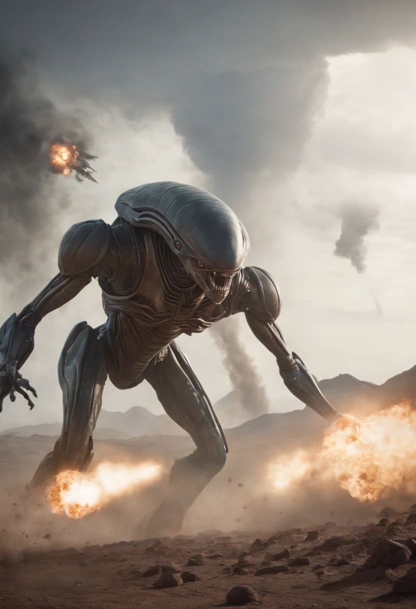 Craft a captivating movie poster that depicts the epic clash between humanity and an advanced alien race. Showcase the looming threat of the alien invaders, the resilience of human defenders, and the otherworldly technology and landscapes, capturing the essence of an intergalactic war for survival