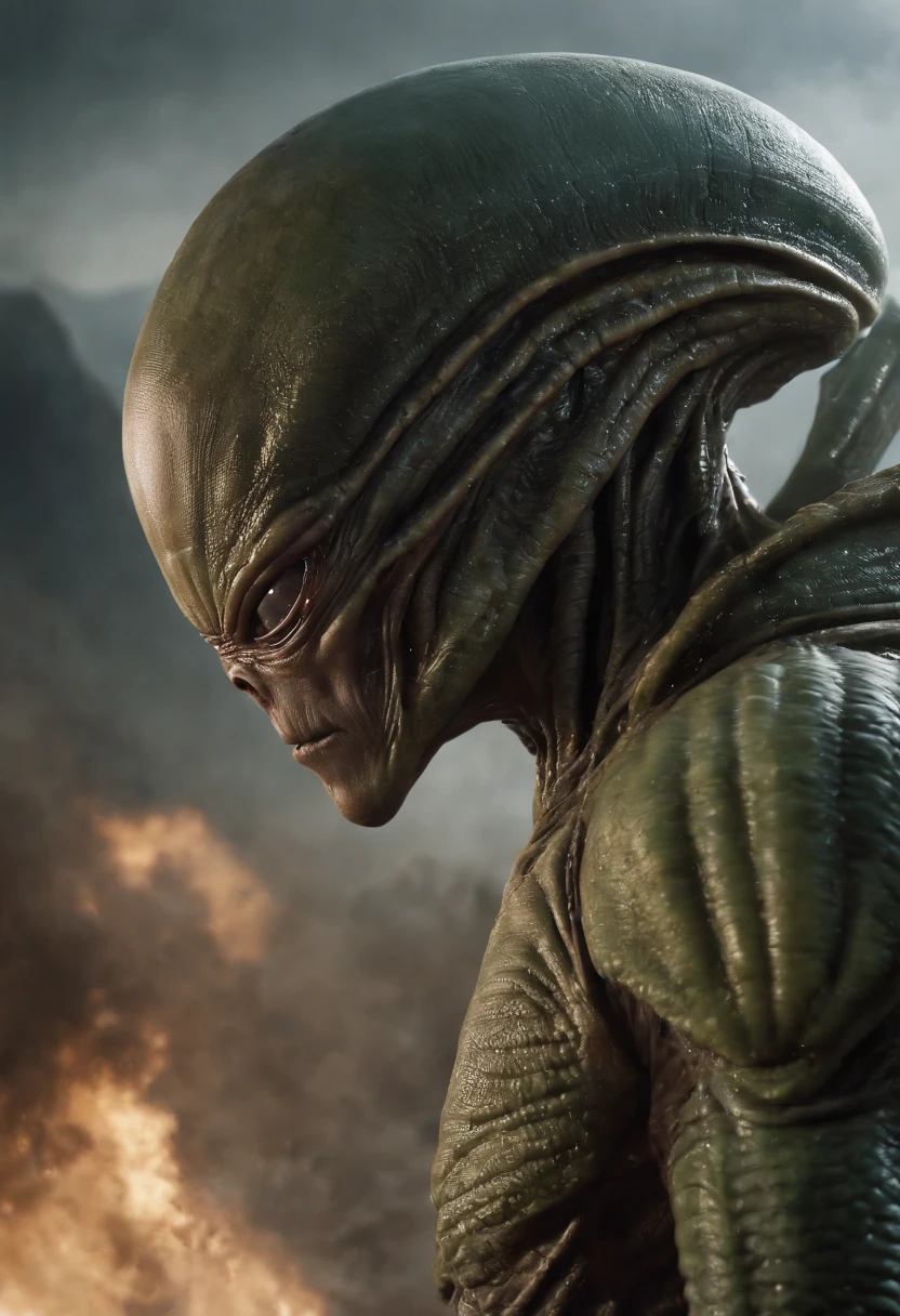 full length, an absolutely naked young mexican girl hugging a humanoid alien from another planet against the backdrop of an alien spaceship, ultra-high-quality detailing
