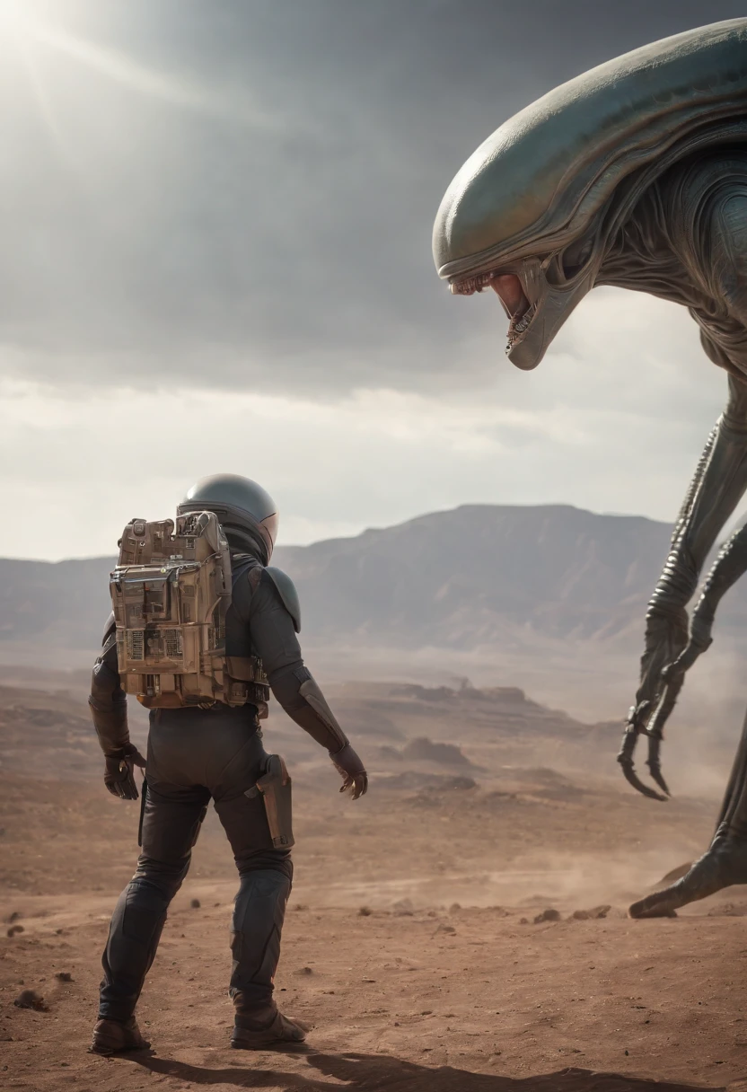 Craft a captivating movie poster that depicts the epic clash between humanity and an advanced alien race. Showcase the looming threat of the alien invaders, the resilience of human defenders, and the otherworldly technology and landscapes, capturing the essence of an intergalactic war for survival