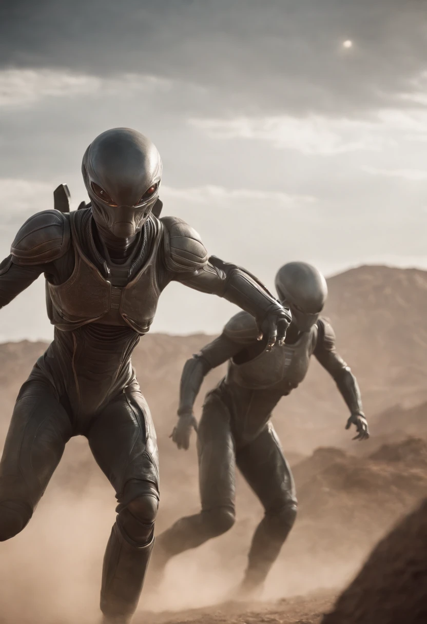 Craft a captivating movie poster that depicts the epic clash between humanity and an advanced alien race. Showcase the looming threat of the alien invaders, the resilience of human defenders, and the otherworldly technology and landscapes, capturing the essence of an intergalactic war for survival