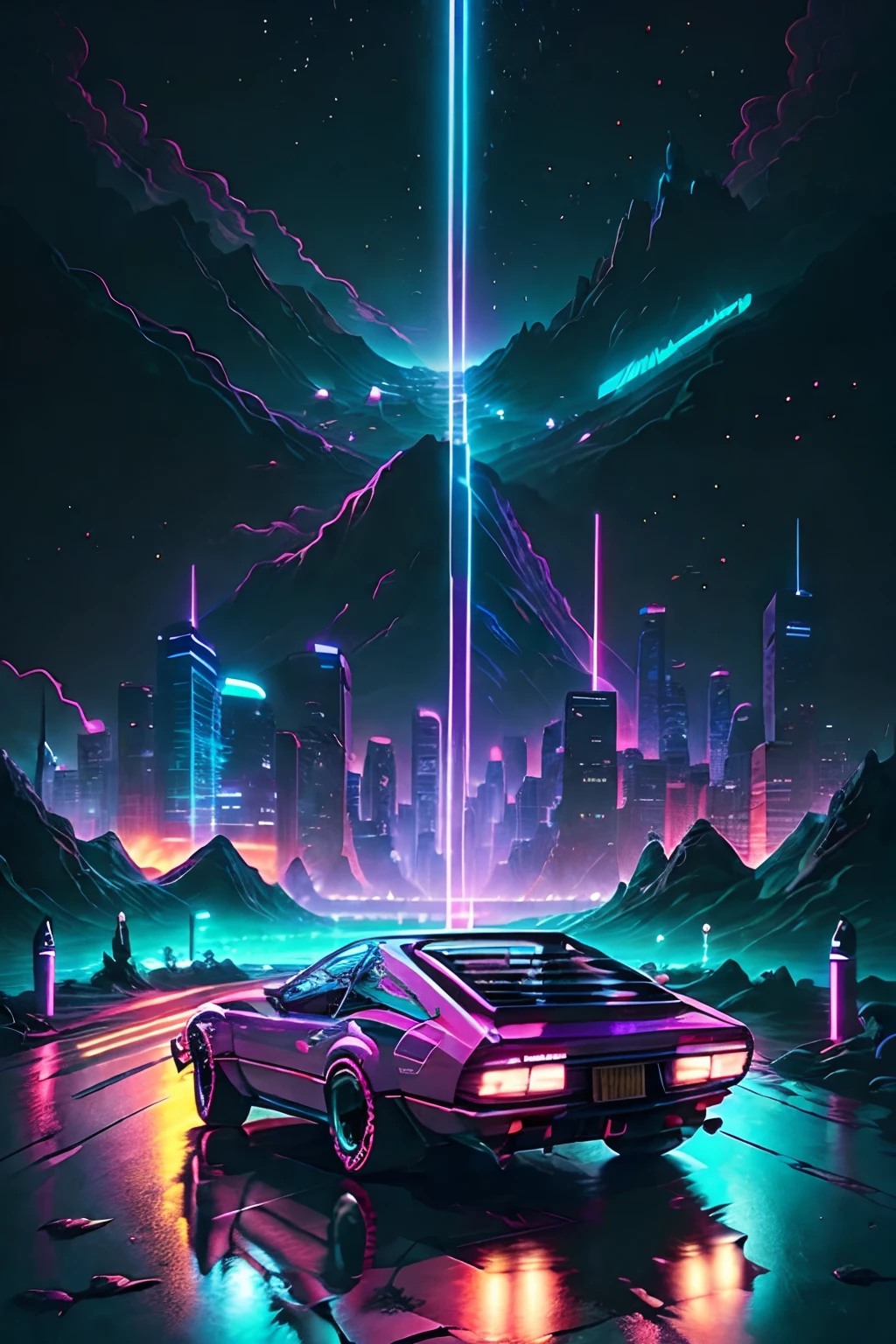 retrowave. city, 1969 Nissan S30, wide body kit, road, purple neon lights, sun, mountain, (masterpiece,detailed,highres),