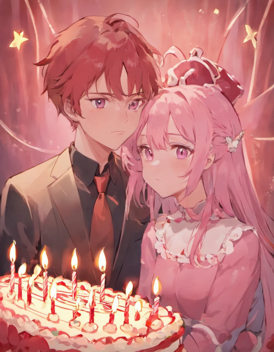 A man and a woman on their birthday.,Birthday of a couple, pink and white, cake, hearts,clay, in the style of soft and rounded forms,, magewave, website, bryce 3d, cute cartoonish designs