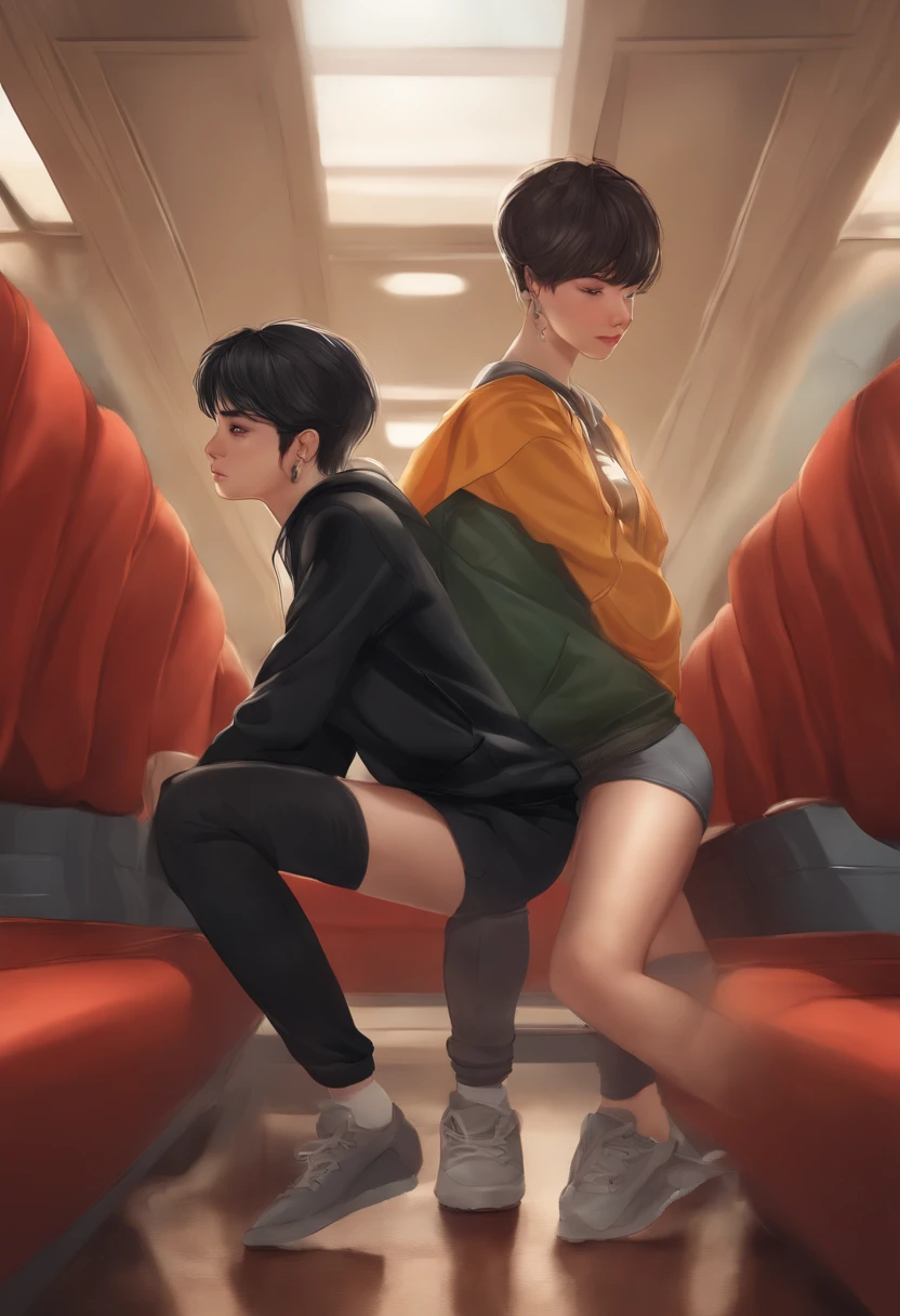1girl, hetero, (1boy), (from below), ass focus, squatting, solo, earrings, black hair, short hair, hoodie, bottomless, full body, from behind, (sweat), mole, RAW photo, best quality, masterpiece, ultra detailed, ultra high res, realistic, couch,