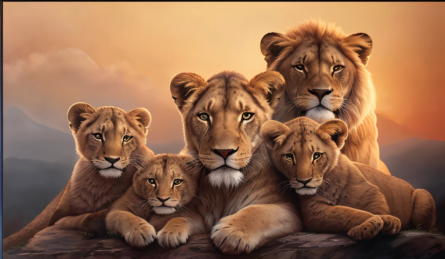 There are four lions sitting on a rock together at sunset, family portrait, lions, Animais bonitos detalhados, lisa parker, Cena realista, Directed by: Laszlo Balogh, olhar orgulhoso, Graphic artist Magali Villeneuve, incrivelmente realista, awesome art, Family photo, extremely realistic, pintura animal, wildlife illustration, foto de retrato, Magali Villeneuve»