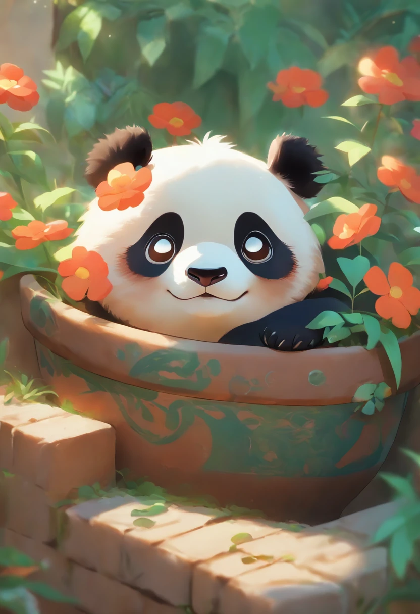 A cute panda lying on his stomach in a flower pot,has big eyes,Blushlush,Lazy,greet,high detal