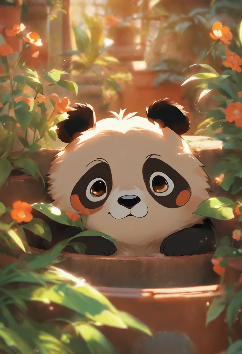 A cute panda lying on his stomach in a flower pot,has big eyes,Blushlush,Lazy,greet,high detal