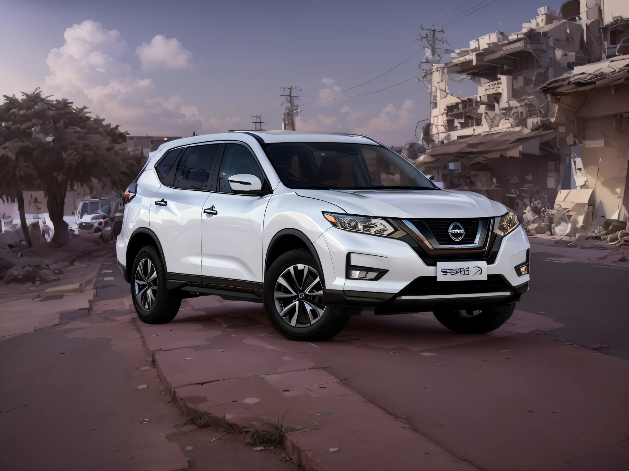 The Alafard White Nissan SUV is parked on the city street, wide portrait, front side full, 2 0 1 8, 2018, vehicle photography, 2 0 1 9, 2019, full device, medium wide front shot, maxar, 🤬 🤮 💕 🎀, front profile shot, mid shot portrait, super wide shot