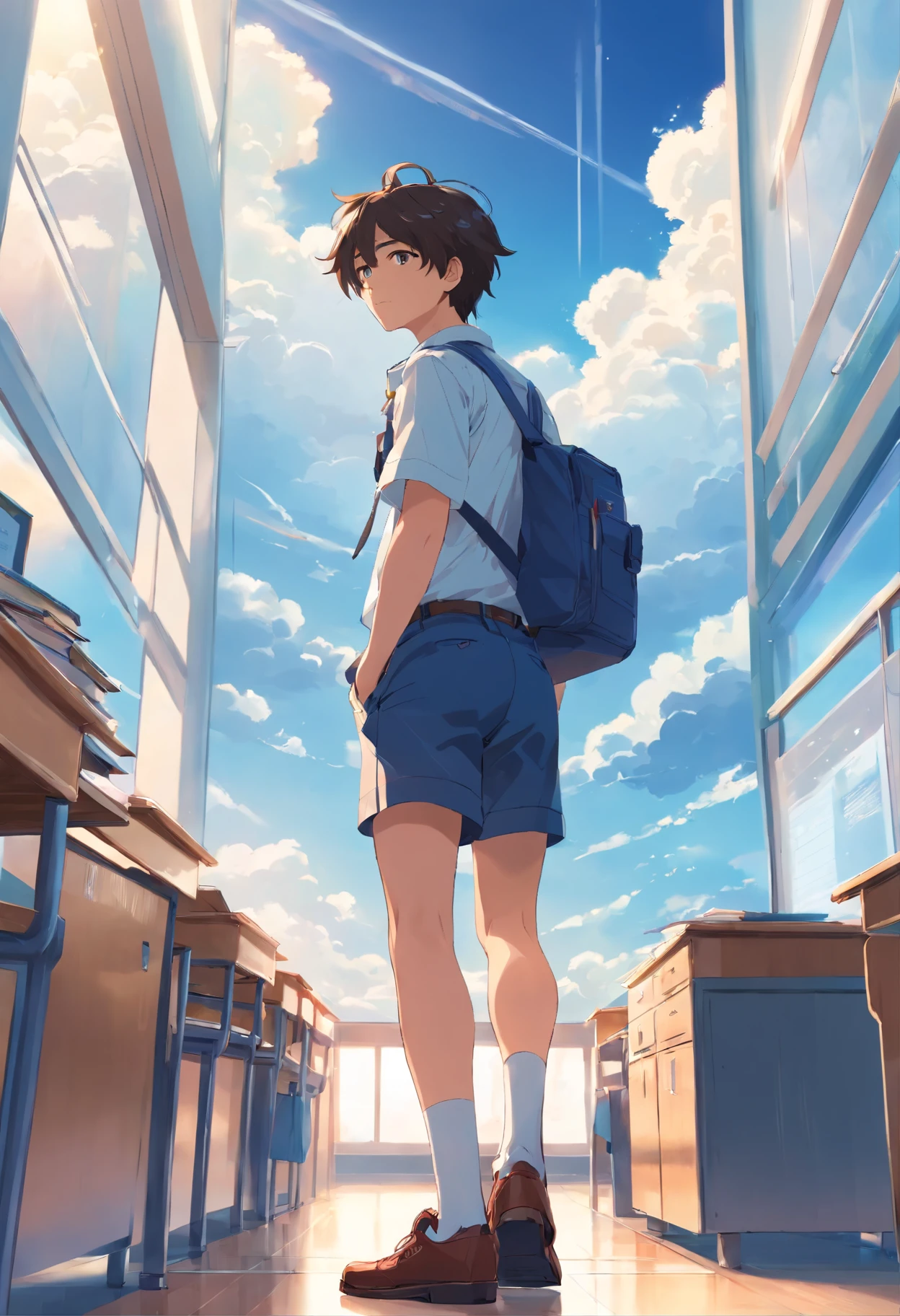 Man using shorts with uniform in school, with cloud, with blue sky, with beautiful sky