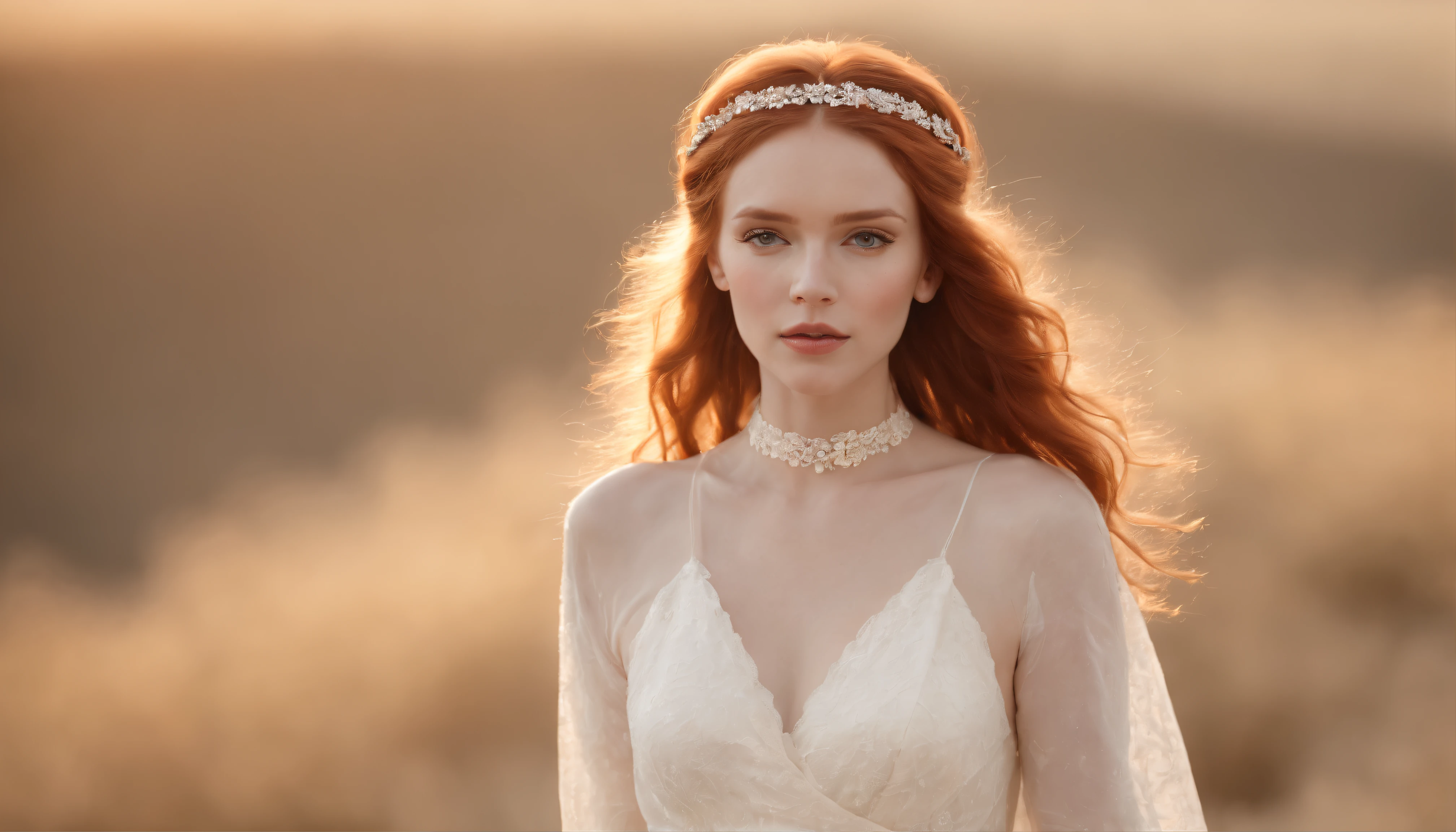 redheadwear，Waist length hair fluttering，gold choker，Blonde headband，Roman desert style，White moonlight long dress，Barefoot，Flowers in hand，and the sun was shining brightly，Ultra-high-definition realism，Wallpapers，