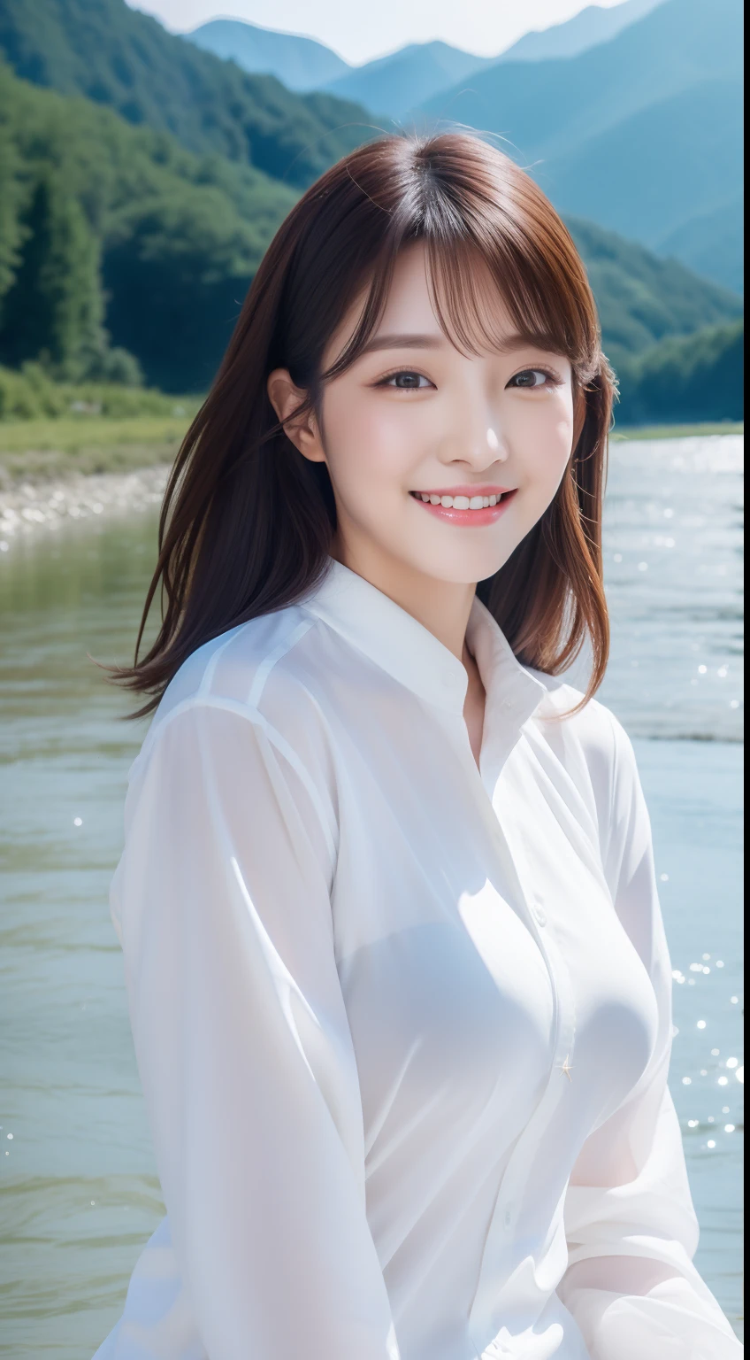 Skinny Japanese 40s woman, good wife, cute face, detailed face, detailed eyes, neat and clean, short-sleeve white shirt, walking along river, early summer, fine weather, clear sky, green fields, portrait