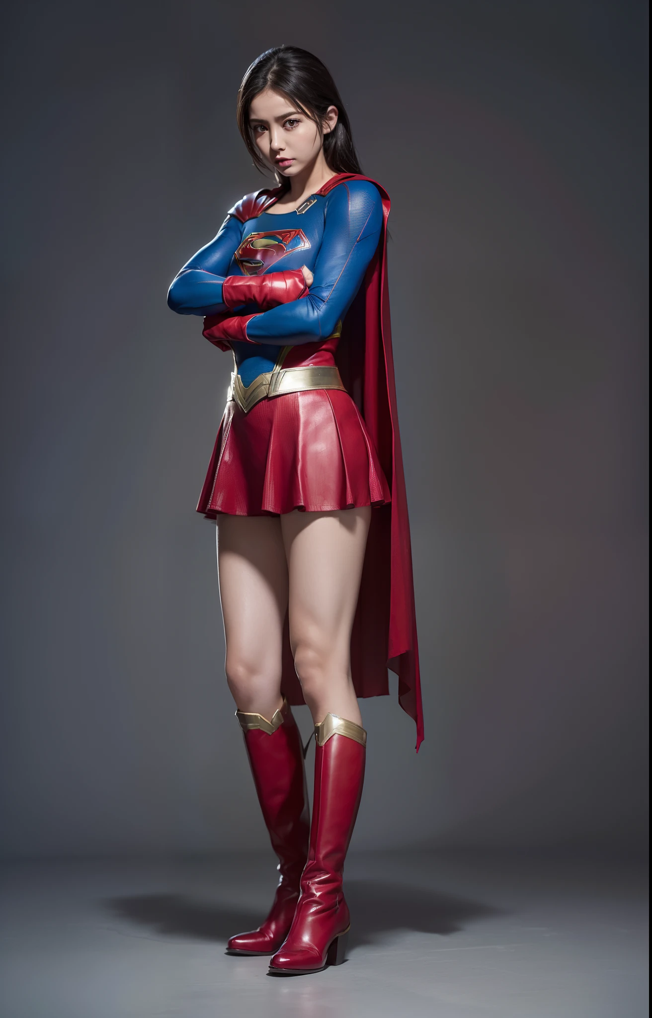 (((Make the most of the original image)))、(((Supergirl Costume)))、(((lustrous dark hair)))、(((Suffering)))、(((Feet must necessarily be worn with black tights)))、(((You need to wear red boots)))、((Top image quality、8K))、((top-quality、8K、masterpiece:1.3))、Crisp focus:1.2、Beautiful woman with perfect body shape:1.4、Slender Abs:1.2、((layers-Cut、large boob:1.2))、a wet body:1.5、Highly detailed facial and skin texture、
