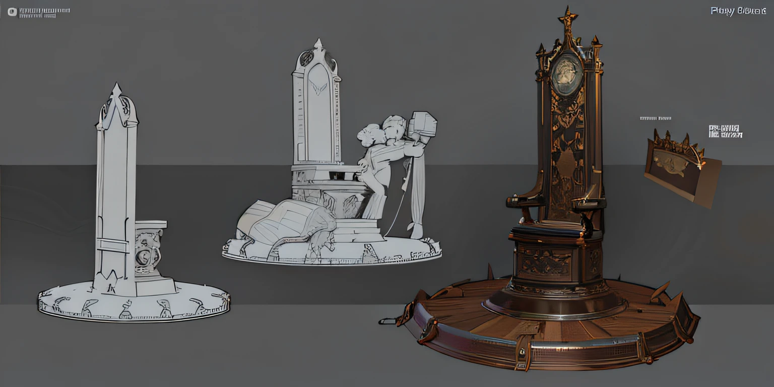 There are three different types of clocks on the table, object concept art, artstation concept, trending on polycount, artstation concept art, Gothic epic library concept, polycount contest winner, senior concept artist, as seen on artstation, Trend at Artstation, by senior environment artist, lying a throne in a fantasy land, 3d concept art