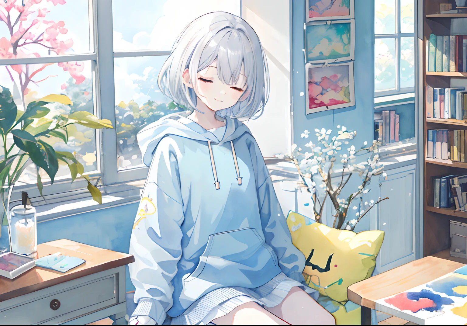 PastelColors:1.5)、(Cute illustration:1.5)、(watercolor paiting:1.2)、Light blue background、girl with、full body Esbian、A smile、Stranger、Pale yellow all over、Moya、marble、abyssal、The corals、the reef、Little light around、Particles of light、Medium Hair, Grey Hair, Yellow eyes, Hoodie, Sitting, Close your eyes and smile, pale skin, Indoors, Library, Looking at Viewer, thick outline, black outlines, --niji 5 --style cute --ar 1:1 --s 500