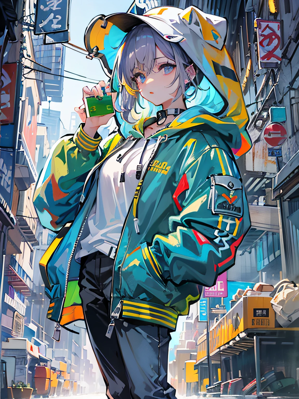 8K分辨率、((top-quality))、((tmasterpiece))、((ultra - detailed))、1 woman、独奏、unbelievable Ridiculous、hoodie oversized、Earphone、street、En plein air、Sateen、neonlight、Shortcut Hair、Brightly Colored Eyes、Hands in pockets、shorter pants、drippy