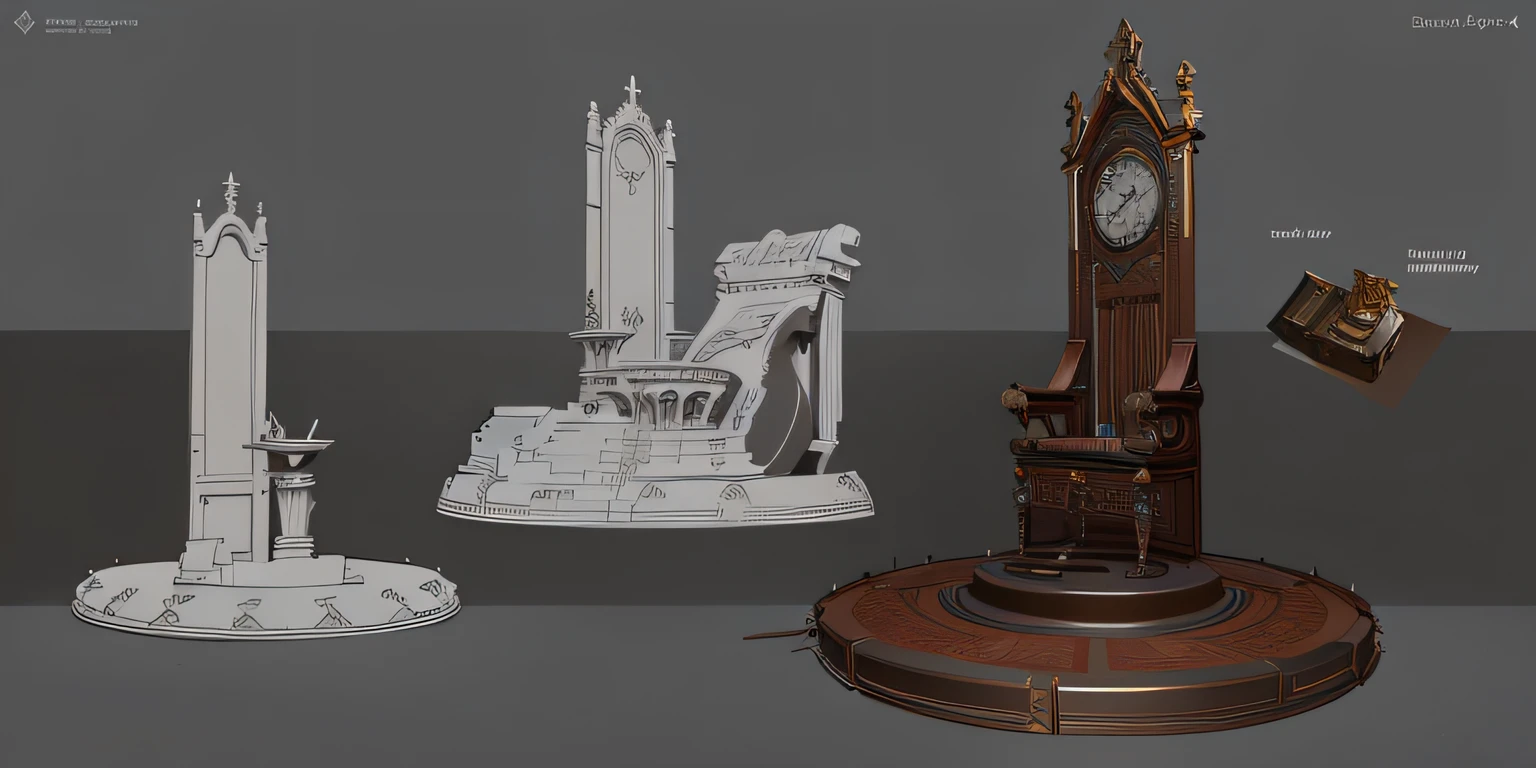 There are three different types of clocks on the table, object concept art, artstation concept, trending on polycount, artstation concept art, Gothic epic library concept, polycount contest winner, senior concept artist, as seen on artstation, Trend at Artstation, by senior environment artist, lying a throne in a fantasy land, 3d concept art