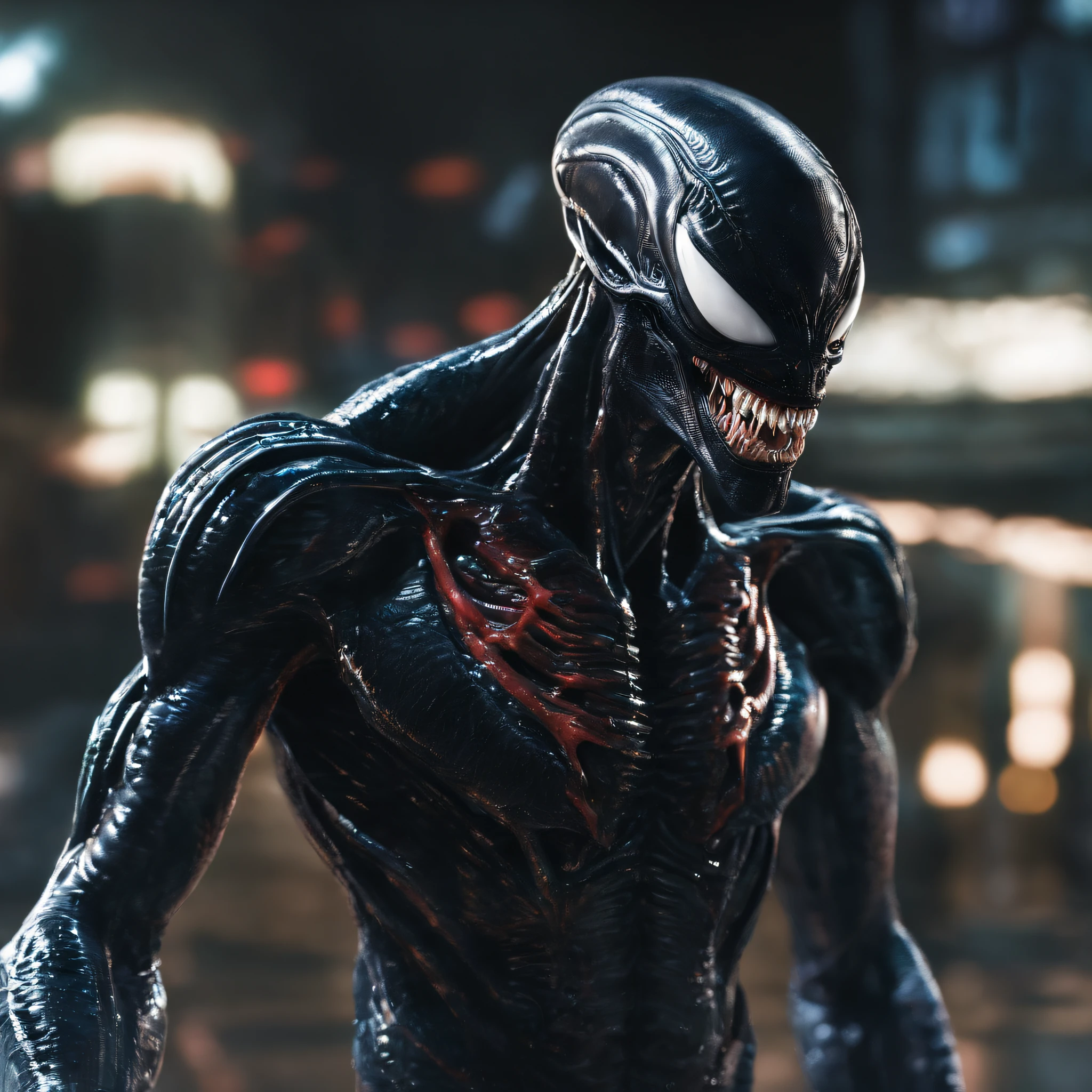 Venom from the movie "Venom",ogre,Solo,full bodyesbian,Humanoid,dynamicposes,It has refined features in a sci-fi environment,with light glowing, Sparks and lights, best qualtiy,tmasterpiece,Photorealsitic, Highly detailed, iintricate,unreal 5 render,