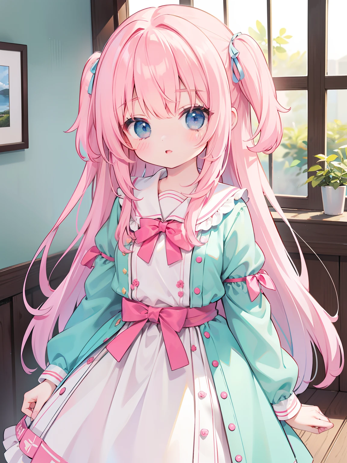 Extremely detailed CG unified 8K wallpaper, very fine 8KCG wallpaper, absurderes,Lori ,Best quality ,ultra - detailed ,Beautiful face ,tmasterpiece、Head-to-waist display、A girl stands、top-quality(tmasterpiece), top-quality, 1girl in, A pink-haired、twosideup、Light green sailor suit and light blue cardigan、Light yellow ribbon、Light pink eyes、kawaii