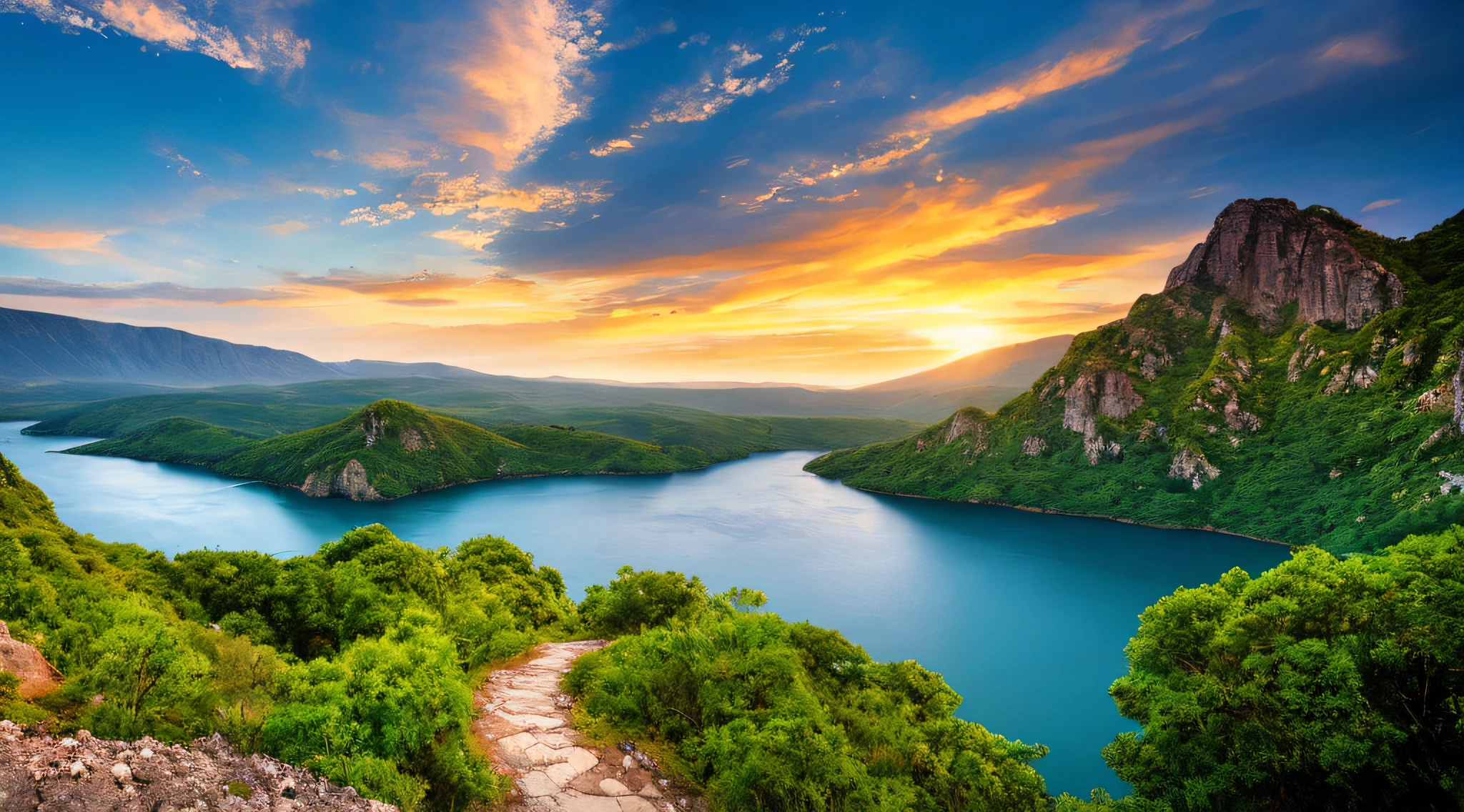 Masterpiece, ultimate quality, Cg unity 8k wallpaper, super delicate, beautiful sky and clouds, rich natural scenery, cliffs, lakes and rivers, waterfalls and flying water, beautiful green mountains, no trace of people, excellent scenery, has already won a photo contest, background Blurring, full depth of field, HDR high dynamics, true restoration, intricate, extreme details, dramatic presentation, perfectly presenting the style of midjourney art.