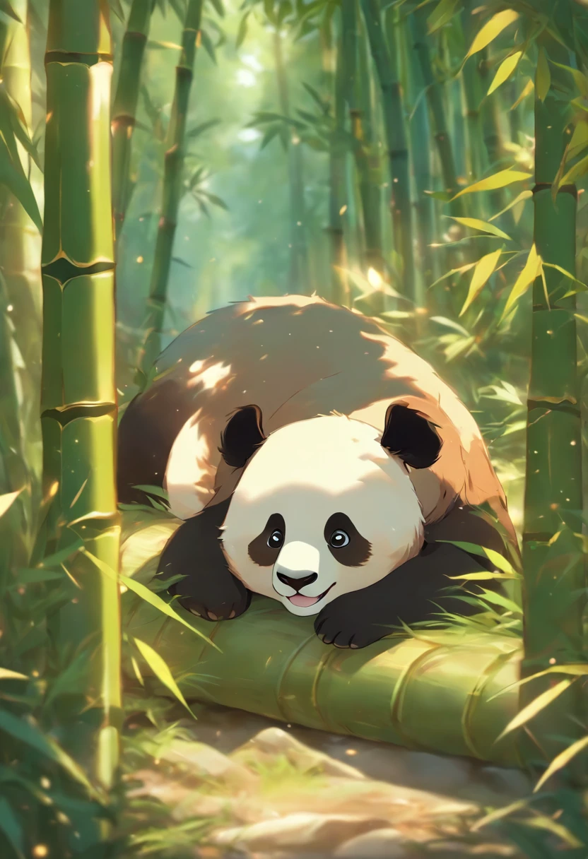 A cute panda lying on his stomach in a bamboo forest,has big eyes,Blushlush,Lazy,greet,high detal