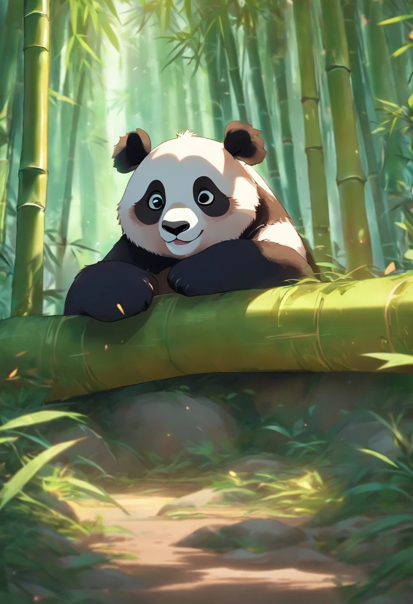 A cute panda lying on his stomach in a bamboo forest，has big eyes，Blushlush，Lazy，greet，high detal