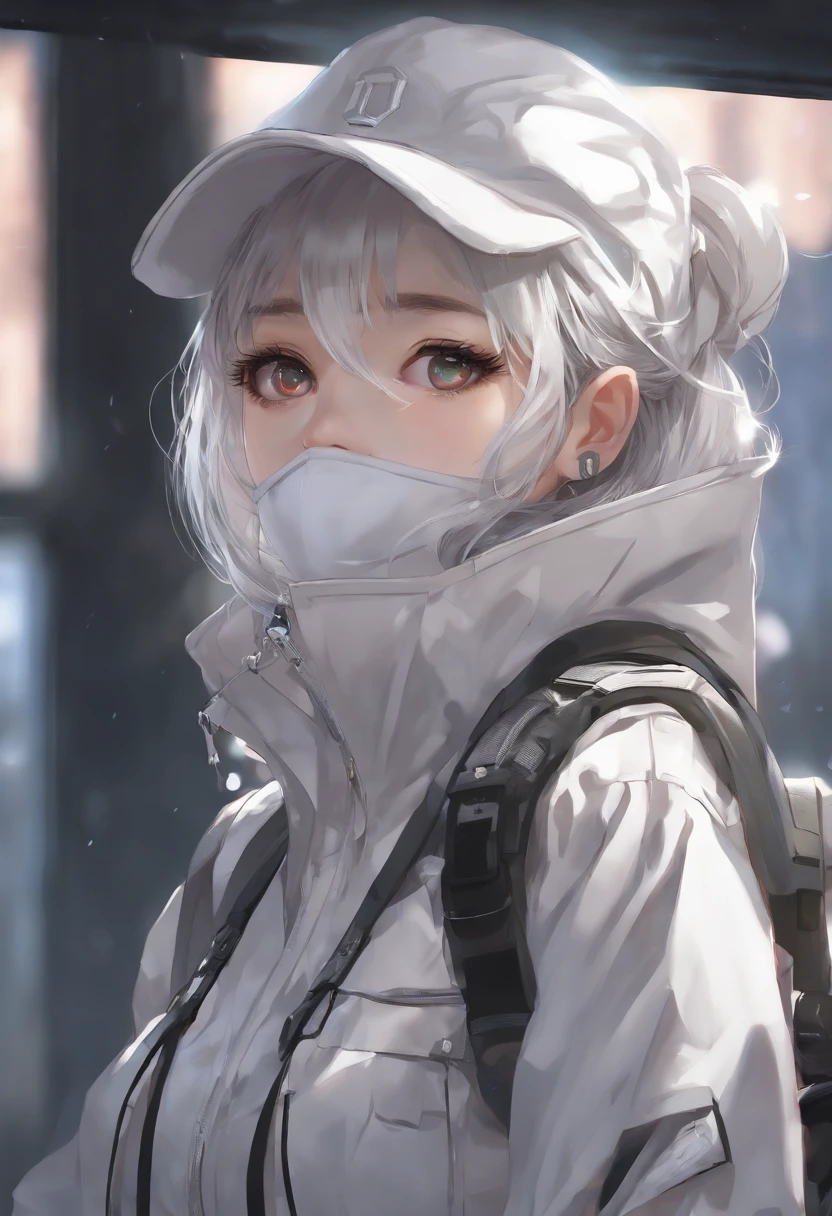 masterpiece, best quality, 4k, UHD, mishoujo, painting, beautiful eyes and detailed face, illustration, beautiful detailed, high resolution illustration, glowing_white_particles, 1girl, white hair, light purple eye, hair over one eye, short sidetail, baseball cap,expressionless, window shade, black jacket, chest rig, cyberpunk, techwear,(Impressionism:1.4)