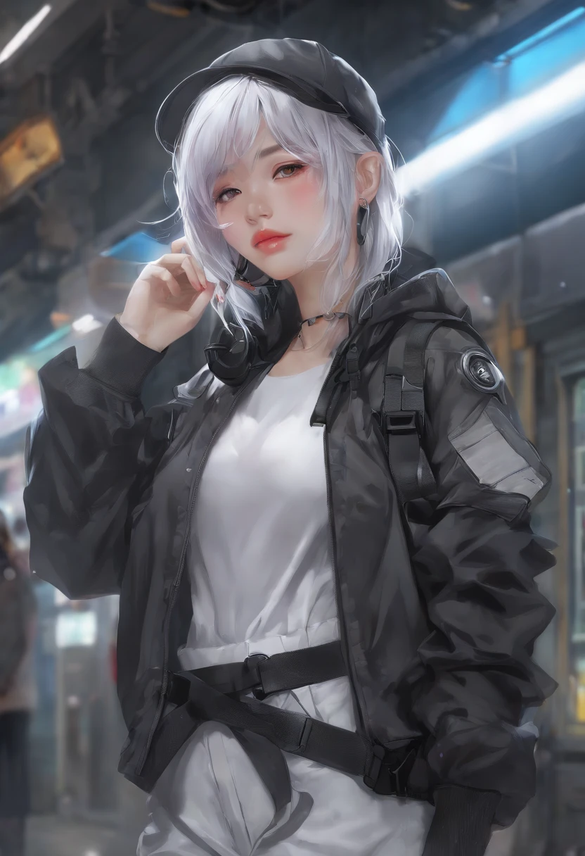 masterpiece, best quality, 4k, UHD, mishoujo, painting, beautiful eyes and detailed face, illustration, beautiful detailed, high resolution illustration, glowing_white_particles, 1girl, white hair, light purple eye, hair over one eye, short sidetail, baseball cap,expressionless, window shade, black jacket, chest rig, cyberpunk, techwear,(Impressionism:1.4)