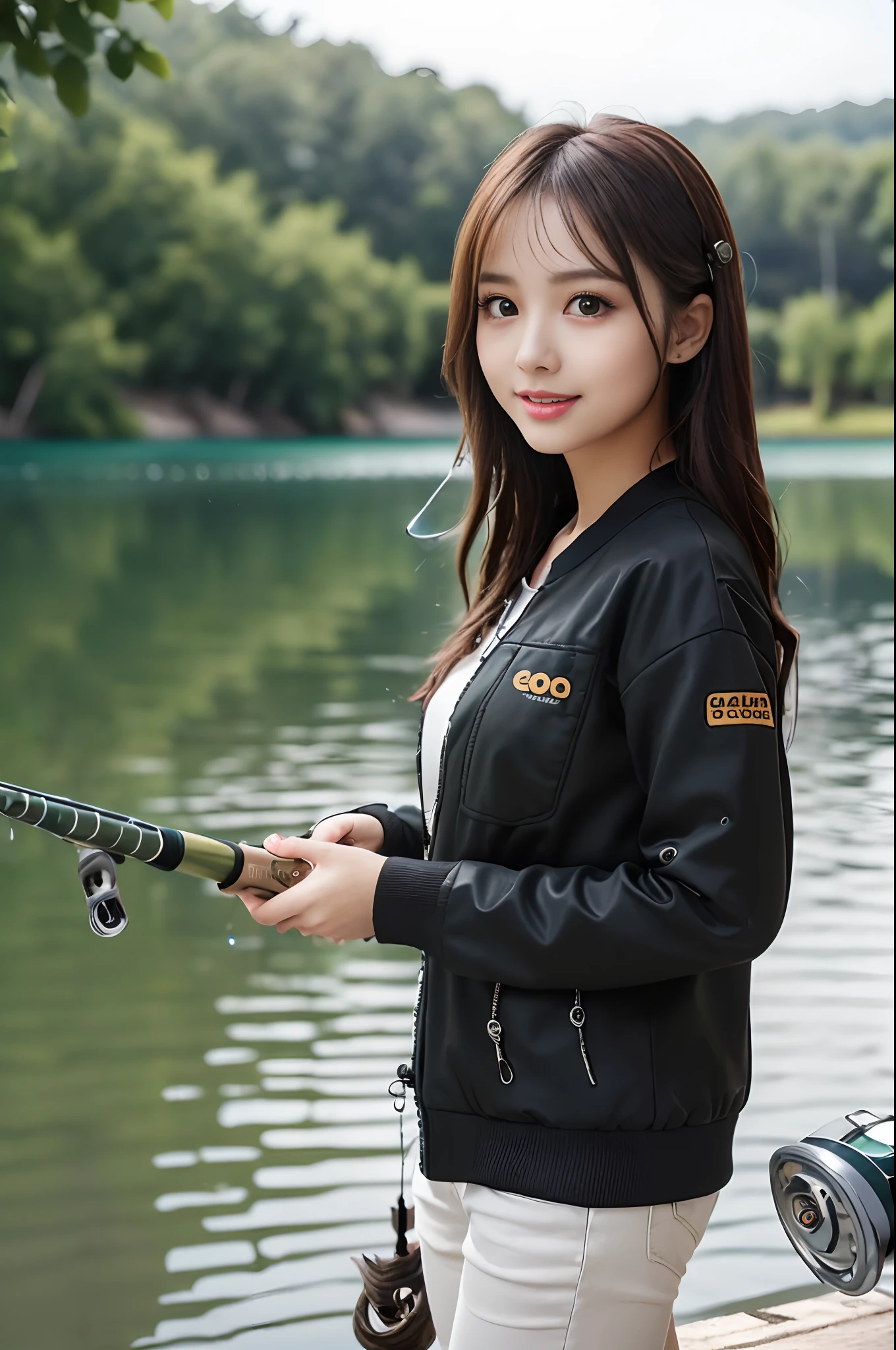 ((((Have a fishing rod with a reel by the lake:1.5)))),((1 female 22 years old))((Best Quality, masutepiece :1.5)),(((Hands with the correct number and structure of fingers:1.4))),hight resolution,ultra-detailliert,masterpiece,best qualtiy,,Black hair, long eyeslashes, Solid Circle Eyes, Smiling Woman, drop shadow, Atmospheric perspective,Super Detail, ccurate, small brest,(Cute black jacket :1.1),top-quality, blurry backround, bokeh dof:1.2, (masterpiece:1.3), Atmospheric perspective,Super Detail,dynamic compositions、Photorealsitic、Super resolution、High pixel count、